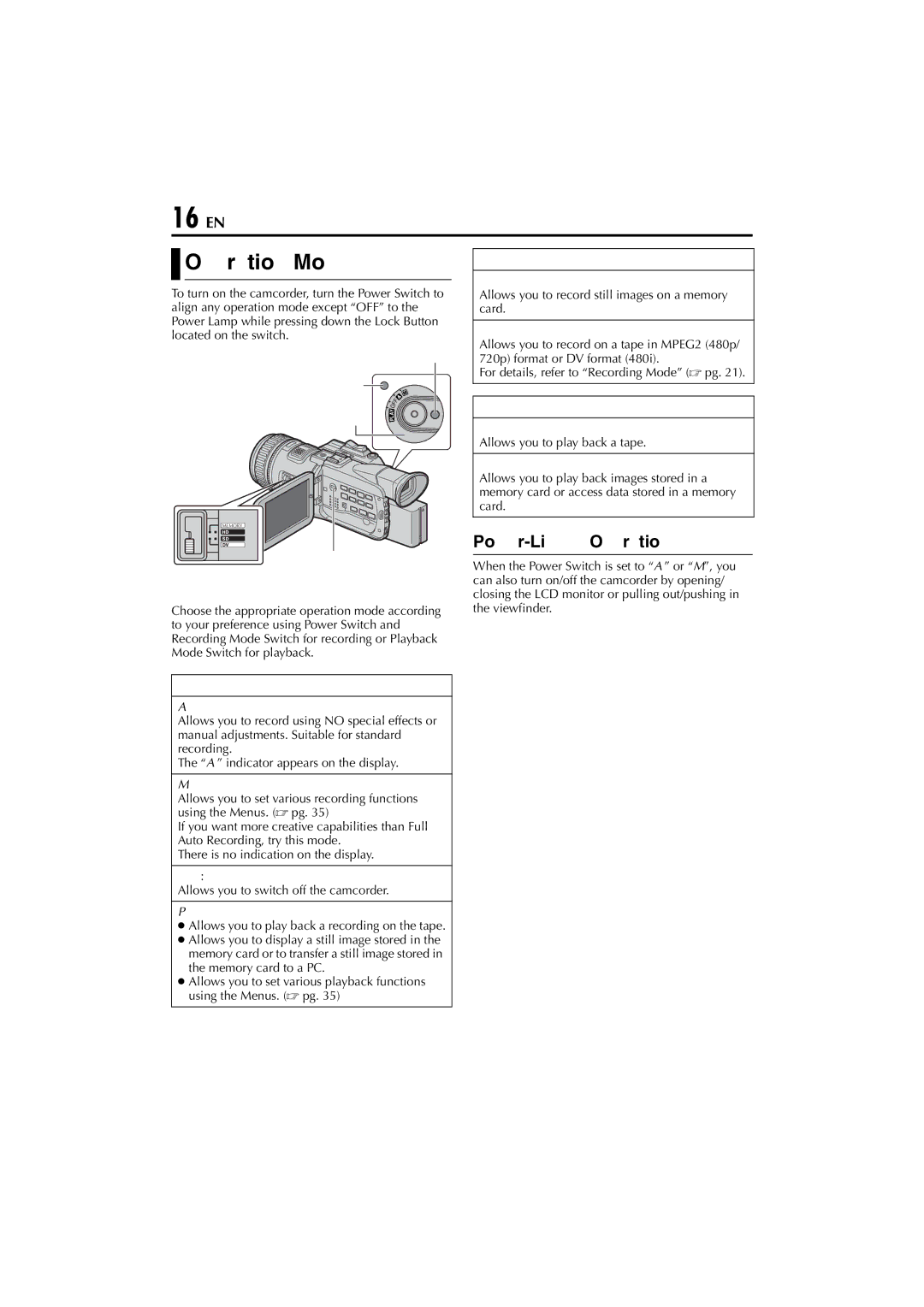 JVC LYT1154-001C, GR-HD1, 0503-FO-ID-VP manual 16 EN, Operation Mode, Power-Linked Operation 