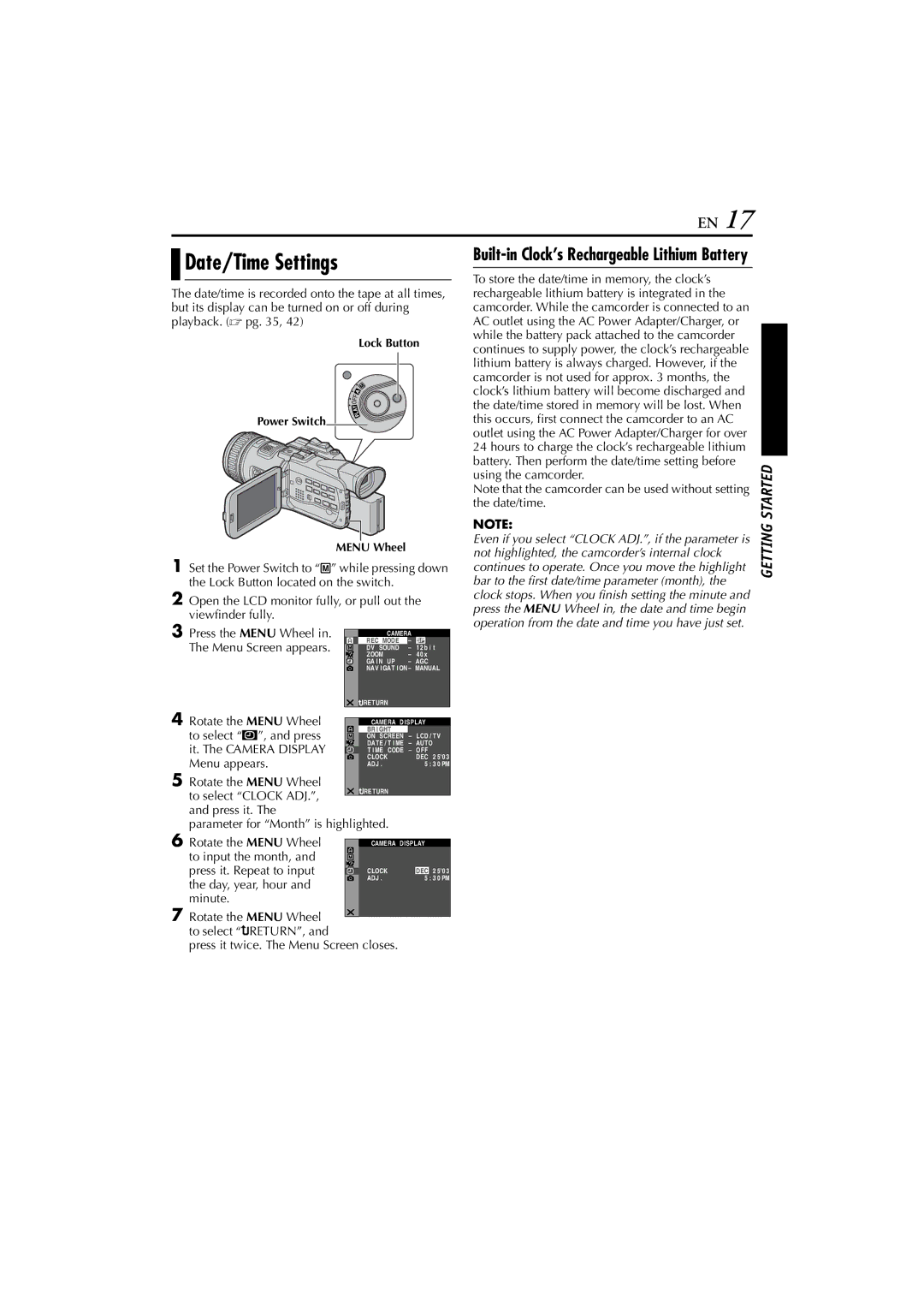 JVC 0503-FO-ID-VP, GR-HD1 manual Date/Time Settings, Built-in Clock’s Rechargeable Lithium Battery, Rotate the Menu Wheel 