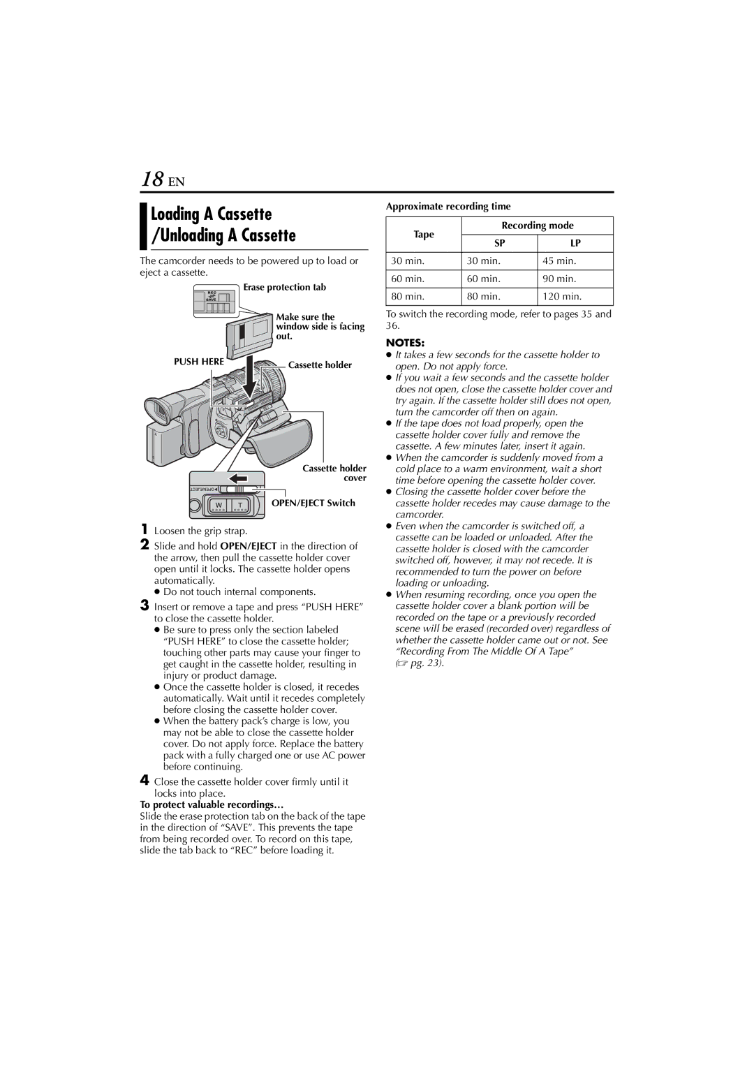 JVC GR-HD1, LYT1154-001C manual 18 EN, Loading a Cassette Unloading a Cassette, To protect valuable recordings…,  pg 