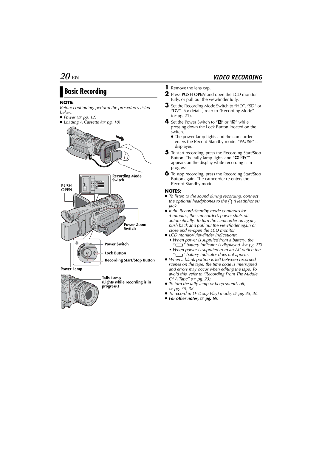 JVC 0503-FO-ID-VP, GR-HD1, LYT1154-001C manual 20 EN, Basic Recording 