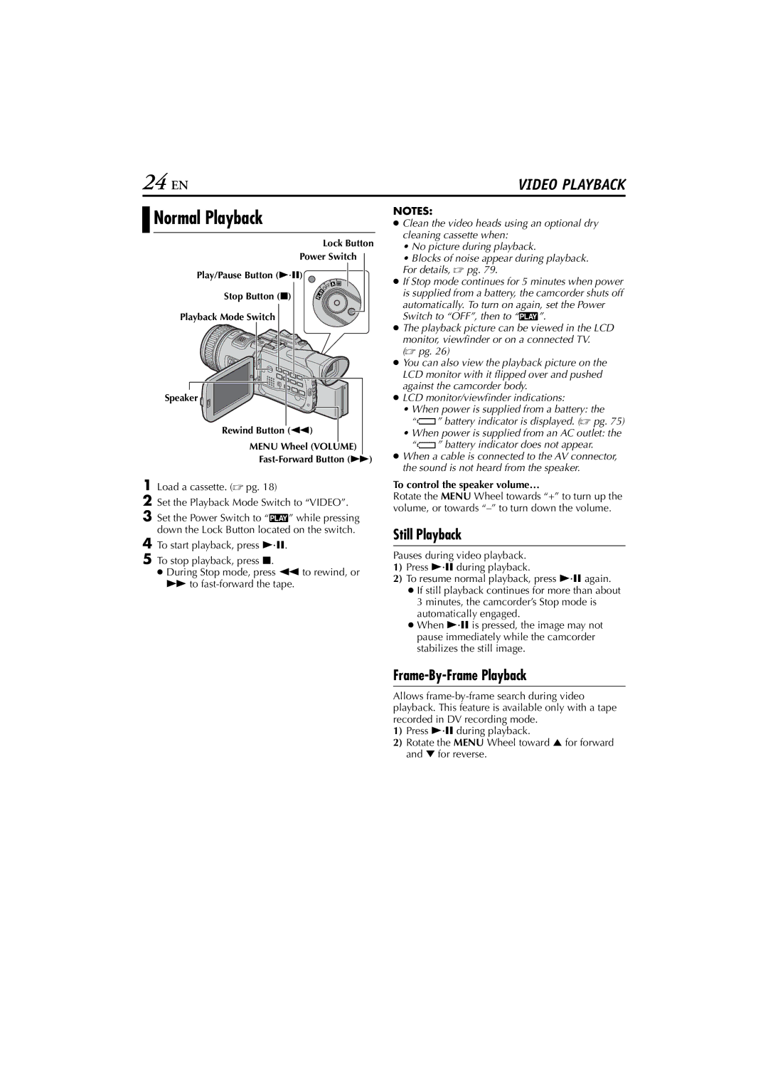 JVC GR-HD1, LYT1154-001C 24 EN, Normal Playback, Still Playback, Frame-By-Frame Playback, To control the speaker volume… 