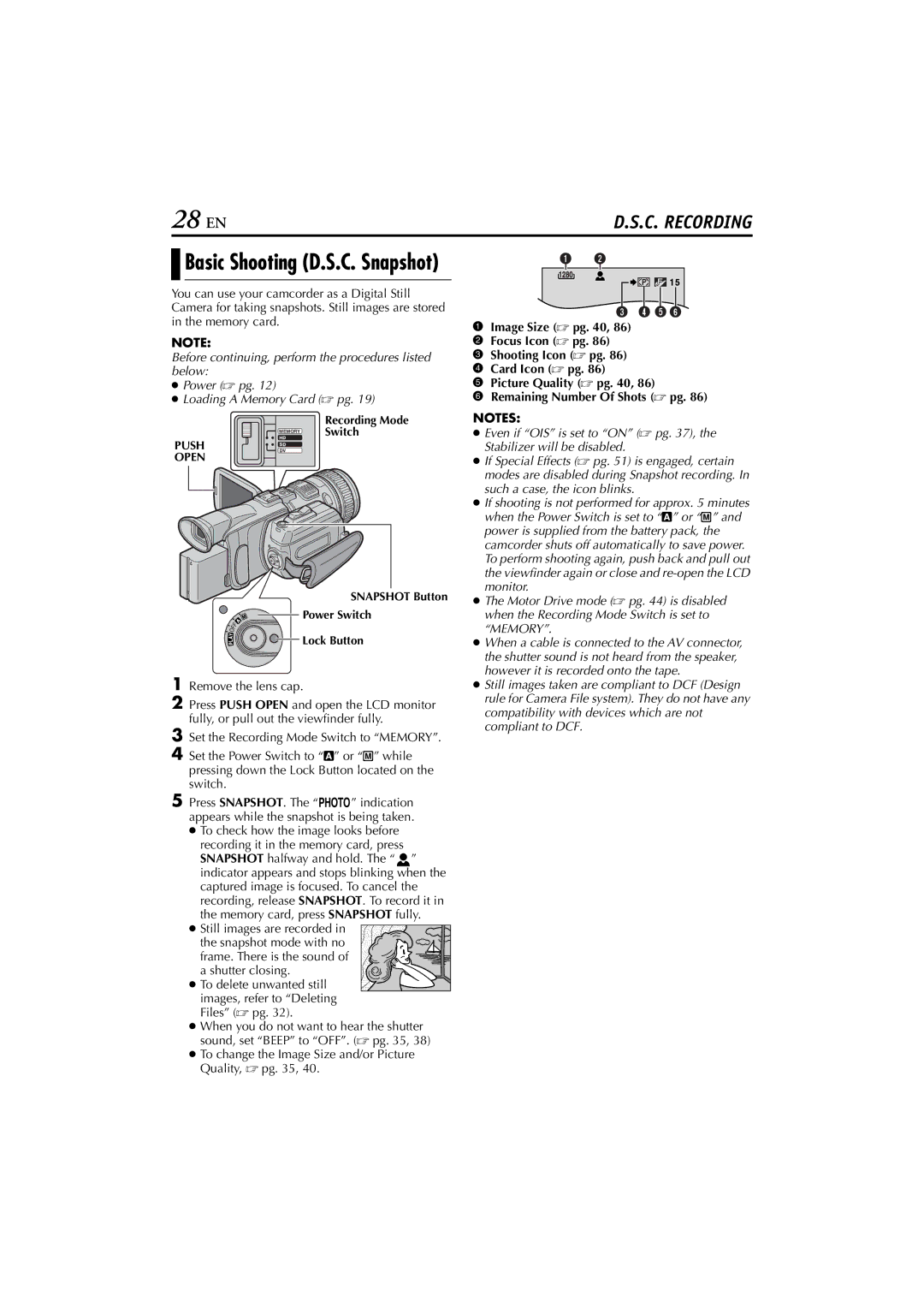 JVC LYT1154-001C, GR-HD1, 0503-FO-ID-VP manual 28 EN, Basic Shooting D.S.C. Snapshot 