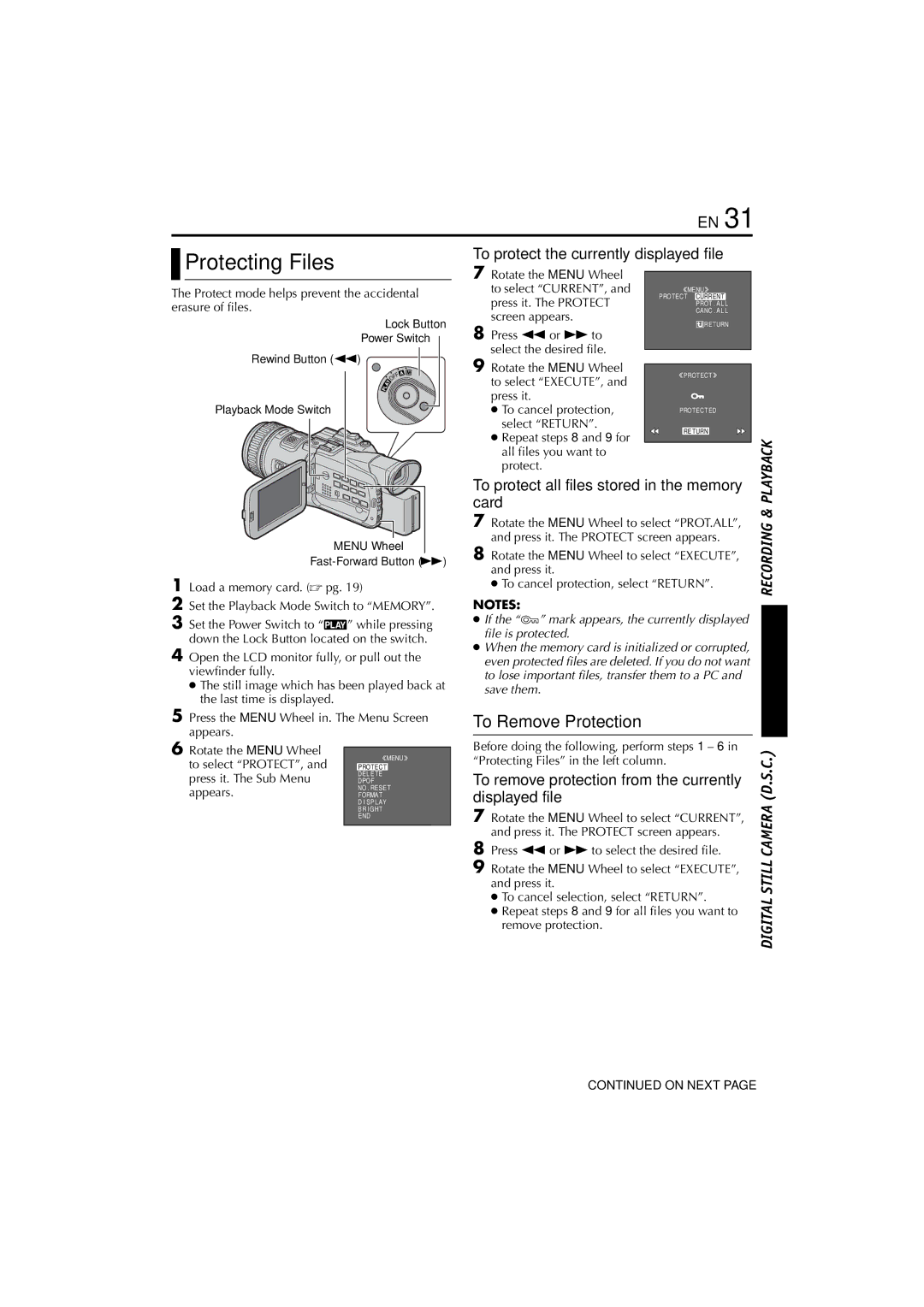 JVC LYT1154-001C, GR-HD1 manual Protecting Files, To Remove Protection, To protect the currently displayed file, Card 