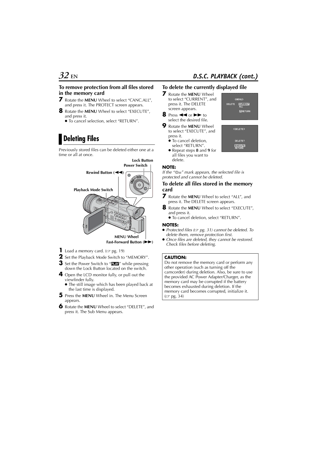 JVC 0503-FO-ID-VP, GR-HD1, LYT1154-001C manual 32 EN, Deleting Files, To delete the currently displayed file Memory card 