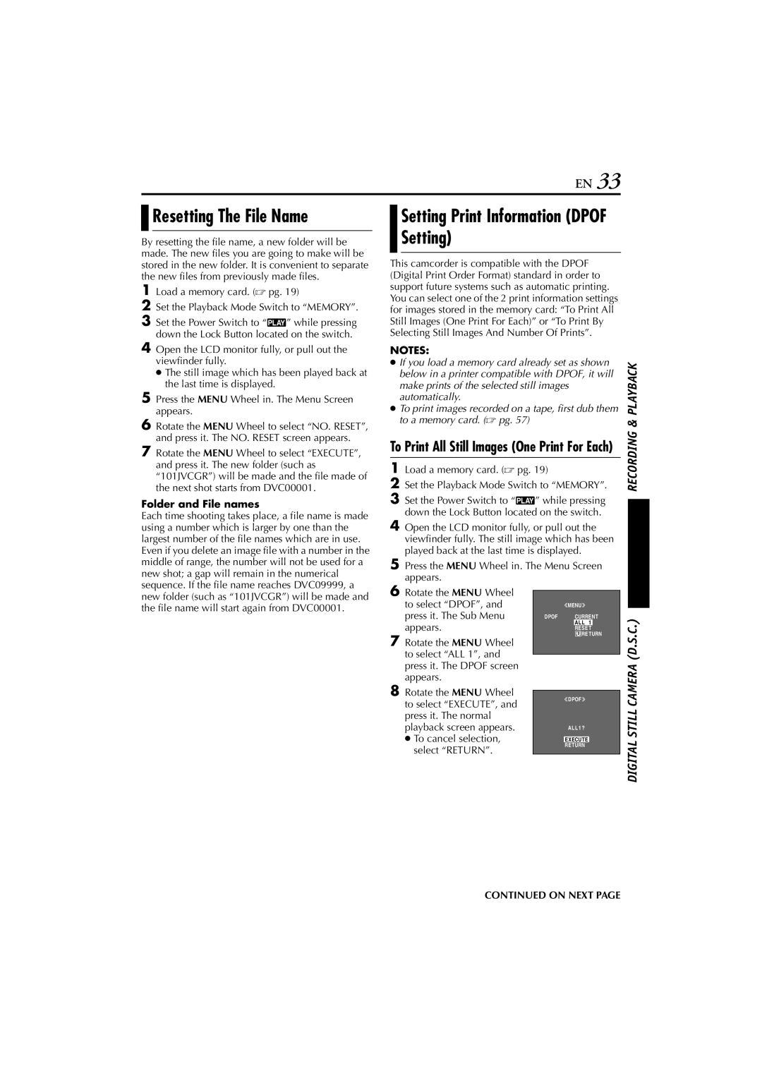 JVC GR-HD1, LYT1154-001C manual Resetting The File Name, To Print All Still Images One Print For Each, Folder and File names 