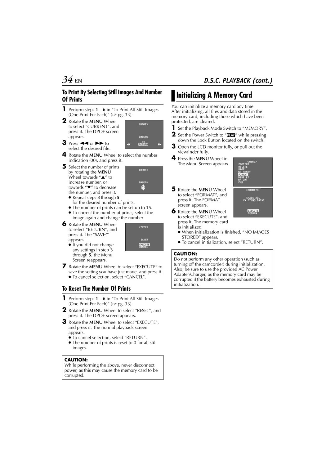 JVC LYT1154-001C, GR-HD1 manual 34 EN, Initializing a Memory Card, To Print By Selecting Still Images And Number Of Prints 