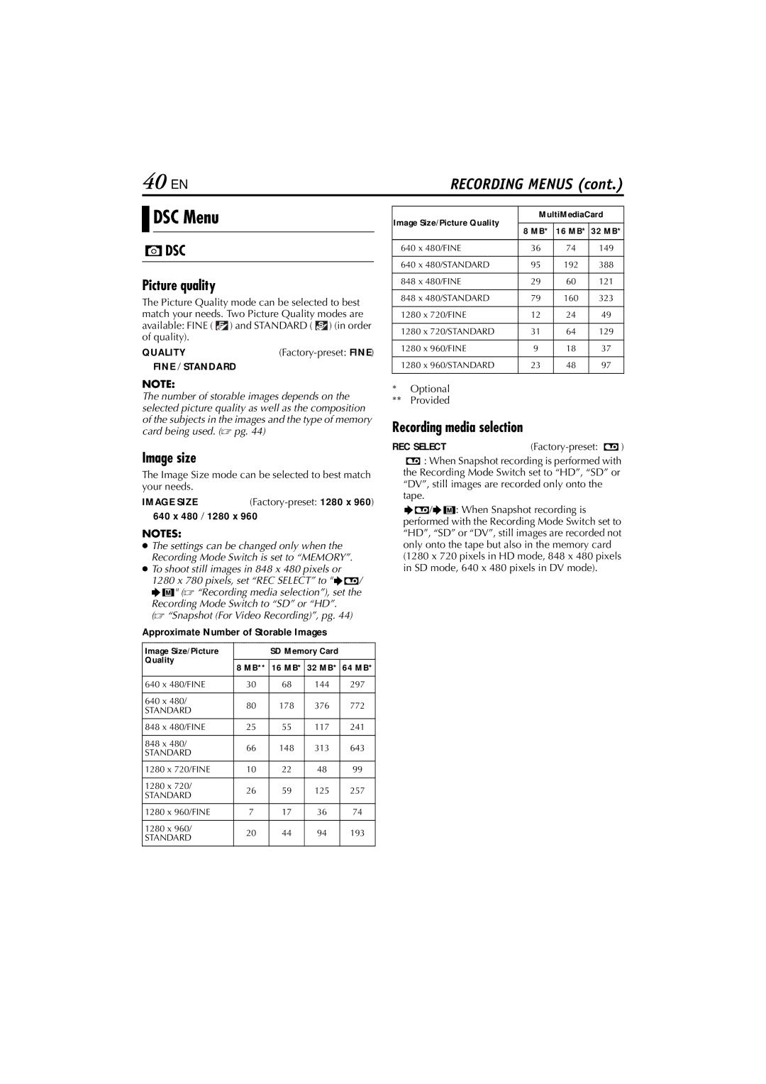 JVC LYT1154-001C, GR-HD1, 0503-FO-ID-VP manual 40 EN, DSC Menu, Picture quality, Image size, Recording media selection 