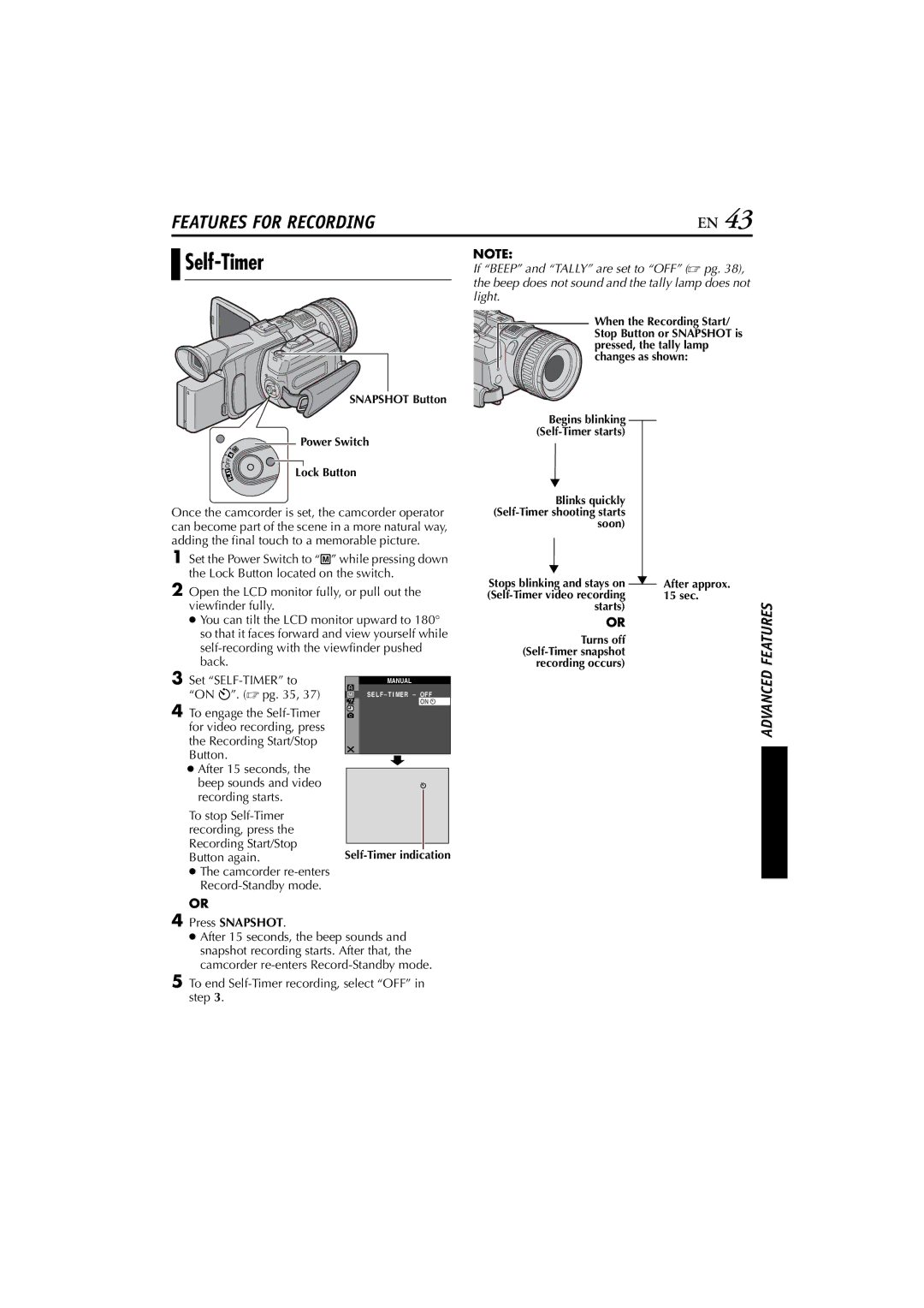 JVC LYT1154-001C, GR-HD1 Set SELF-TIMER to on .  pg, Press Snapshot, To end Self-Timer recording, select OFF in step 