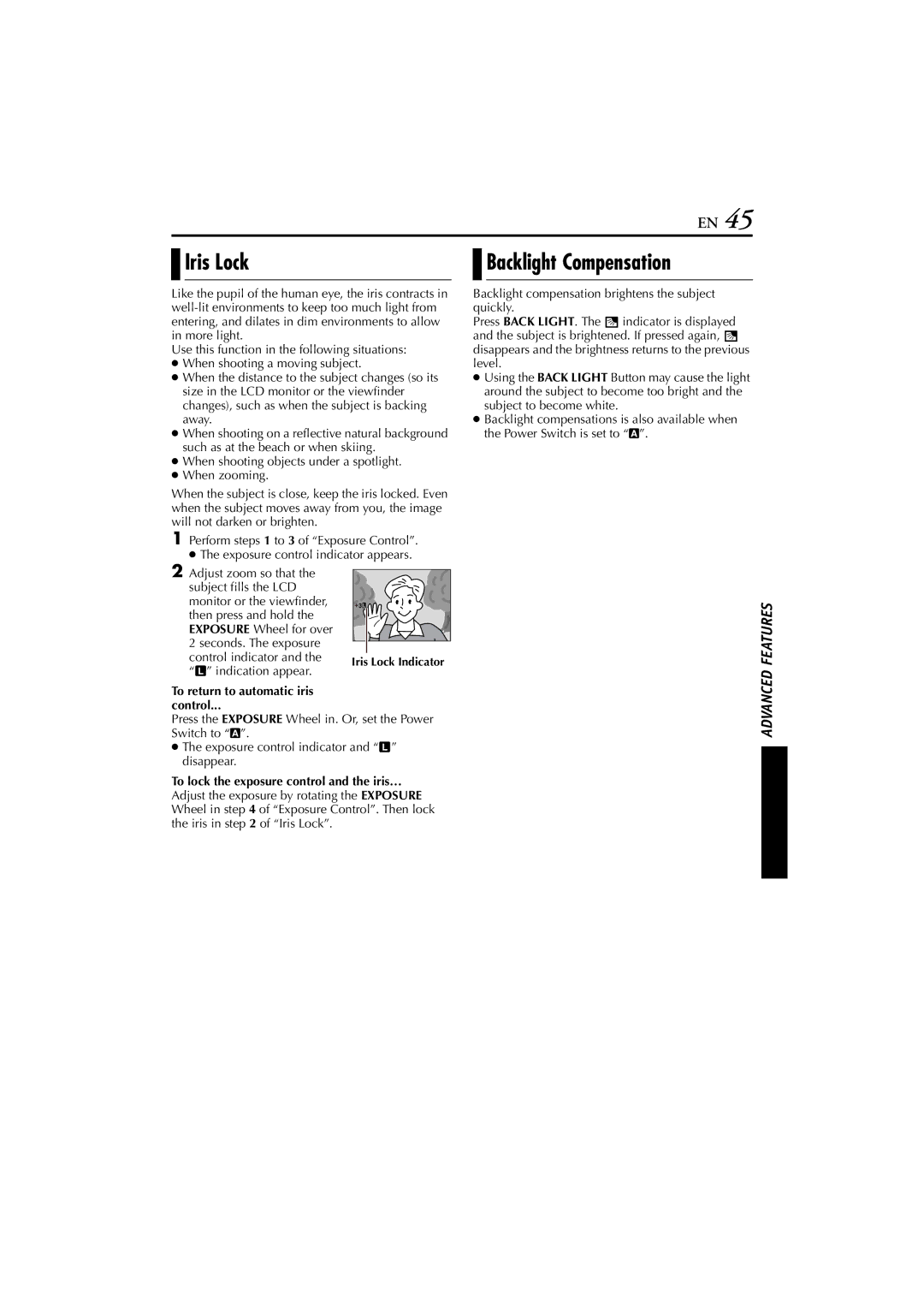 JVC GR-HD1, LYT1154-001C, 0503-FO-ID-VP manual Iris Lock, Backlight Compensation, To return to automatic iris Control 