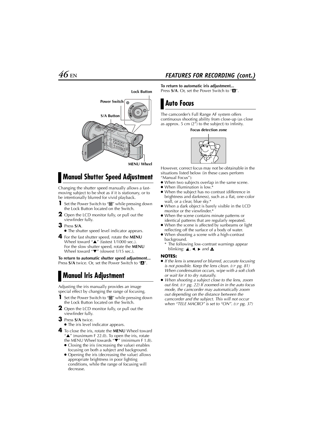 JVC LYT1154-001C, GR-HD1, 0503-FO-ID-VP manual 46 EN, Manual Iris Adjustment, Auto Focus, Manual Shutter Speed Adjustment 