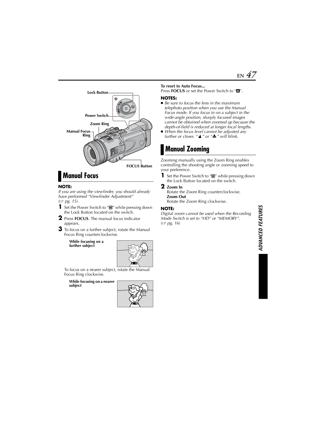 JVC 0503-FO-ID-VP, GR-HD1, LYT1154-001C manual Manual Focus, Manual Zooming, To reset to Auto Focus 