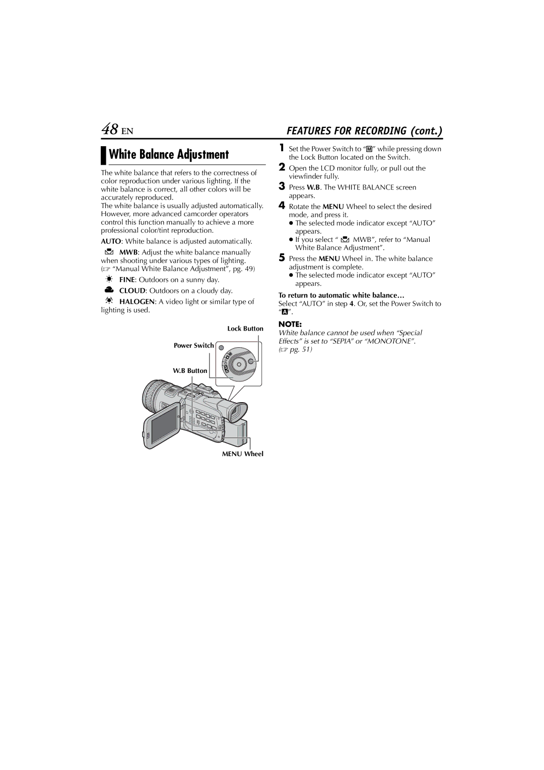 JVC GR-HD1, LYT1154-001C, 0503-FO-ID-VP manual 48 EN, White Balance Adjustment, To return to automatic white balance… 