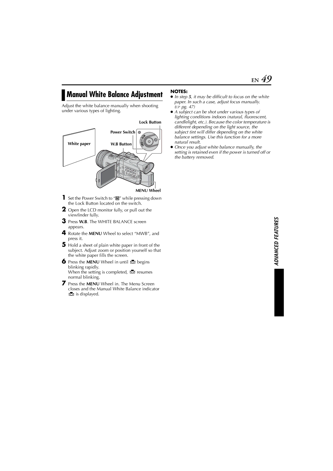 JVC LYT1154-001C, GR-HD1, 0503-FO-ID-VP manual Manual White Balance Adjustment 