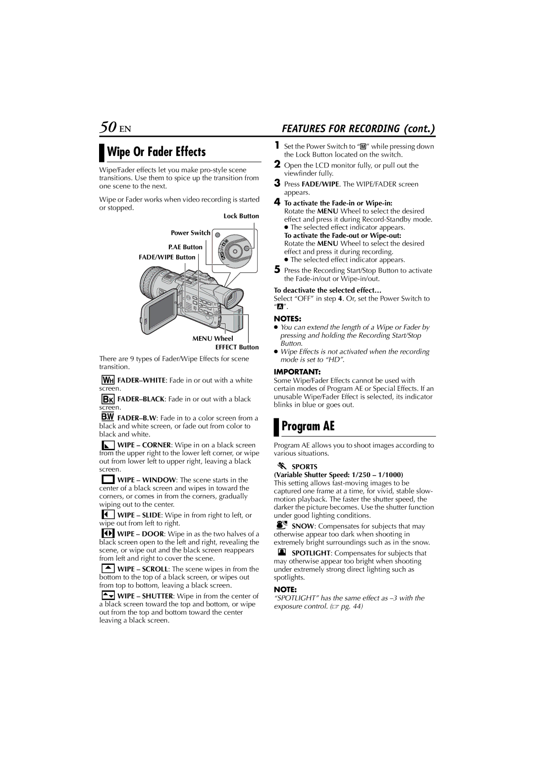 JVC 0503-FO-ID-VP, GR-HD1, LYT1154-001C manual 50 EN, Wipe Or Fader Effects, Program AE, Sports 