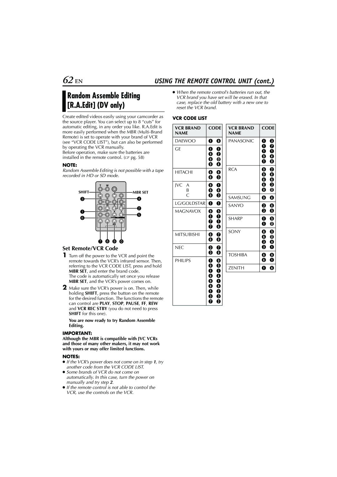 JVC 0503-FO-ID-VP manual 62 EN, Random Assemble Editing R.A.Edit DV only, Set Remote/VCR Code, VCR Code List VCR Brand Name 