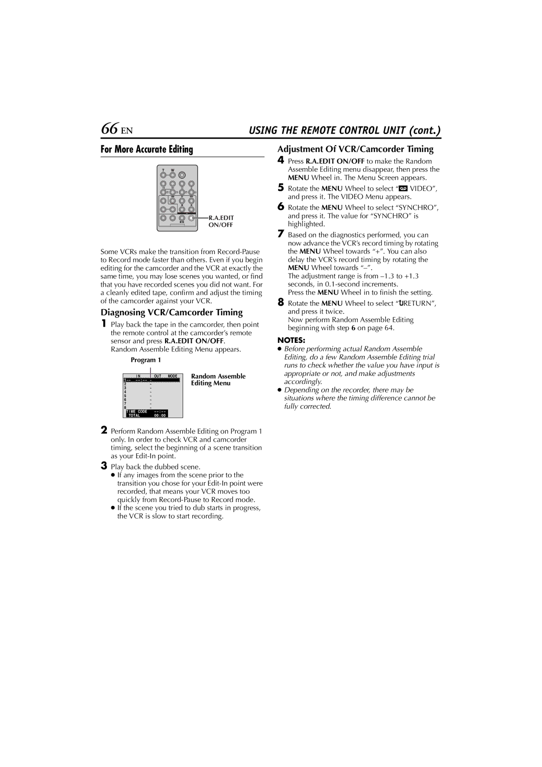 JVC GR-HD1 manual 66 EN, For More Accurate Editing, Diagnosing VCR/Camcorder Timing, Adjustment Of VCR/Camcorder Timing 