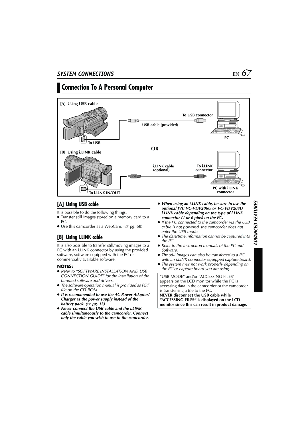 JVC LYT1154-001C, GR-HD1, 0503-FO-ID-VP manual Connection To a Personal Computer, Using USB cable, Using i.LINK cable 