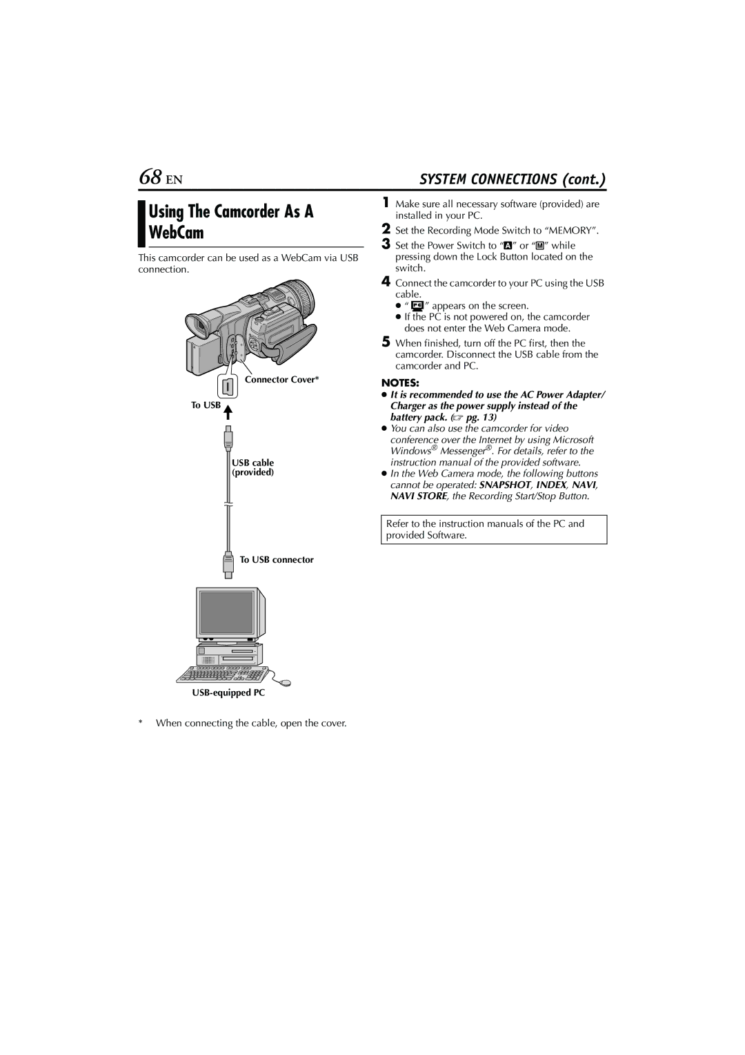 JVC 0503-FO-ID-VP, GR-HD1, LYT1154-001C manual 68 EN, This camcorder can be used as a WebCam via USB connection 