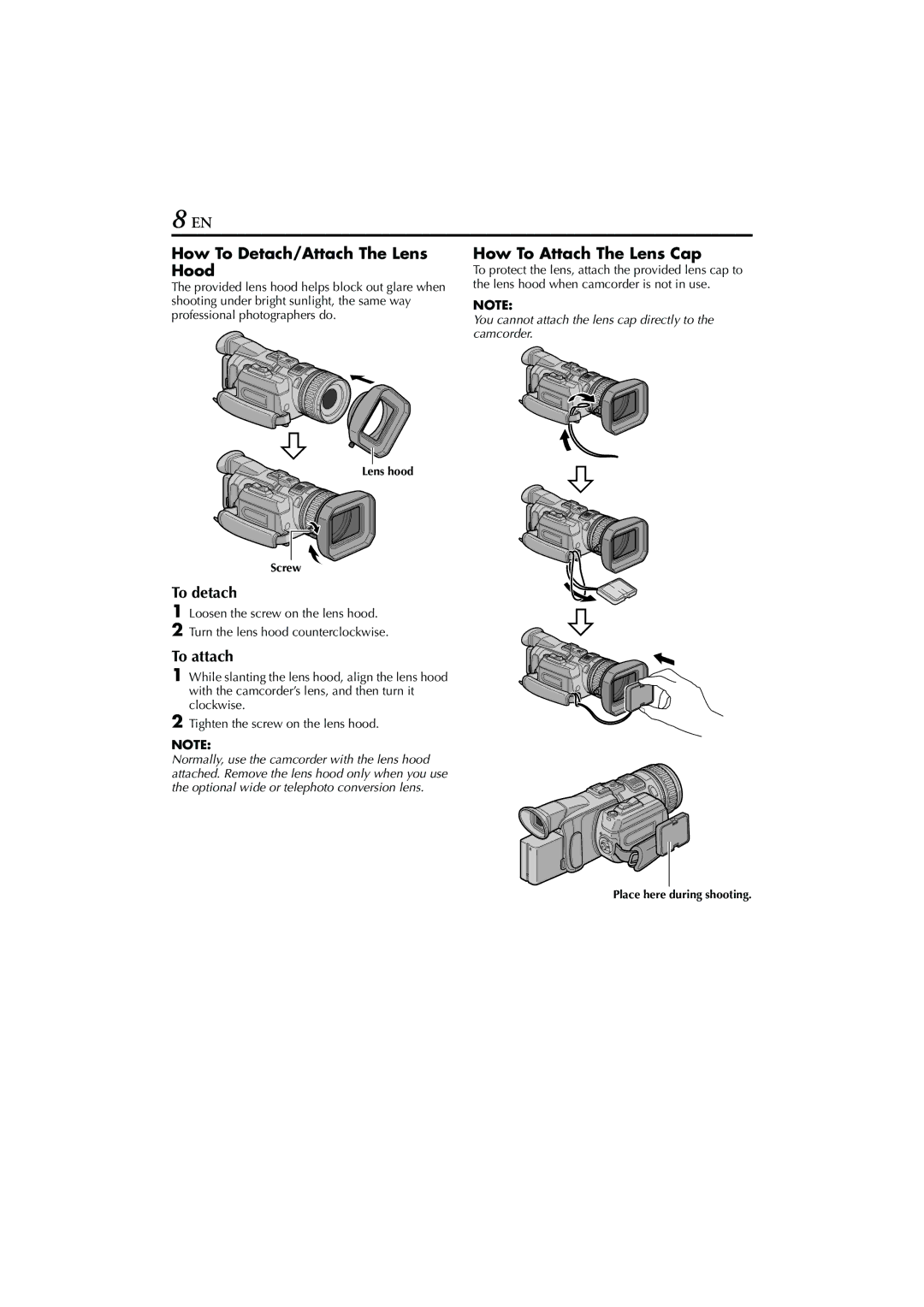 JVC 0503-FO-ID-VP, GR-HD1 manual How To Detach/Attach The Lens Hood, To detach, To attach, How To Attach The Lens Cap 