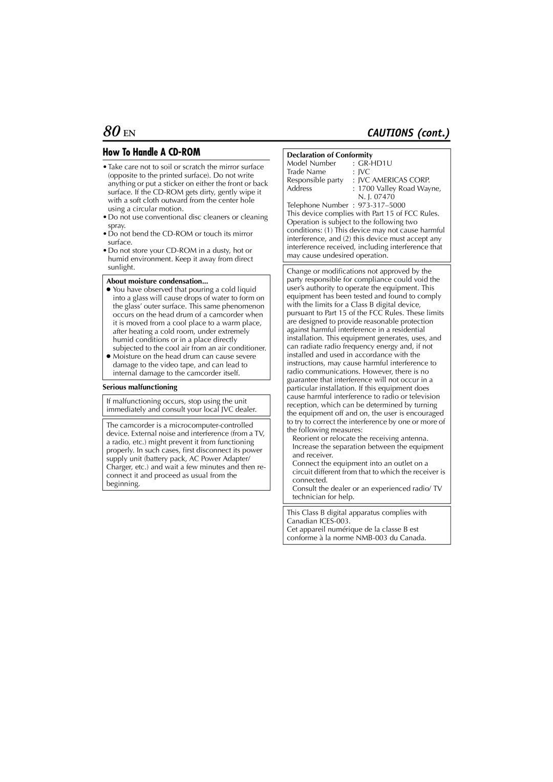 JVC 0503-FO-ID-VP, GR-HD1, LYT1154-001C 80 EN, How To Handle a CD-ROM, About moisture condensation, Serious malfunctioning 