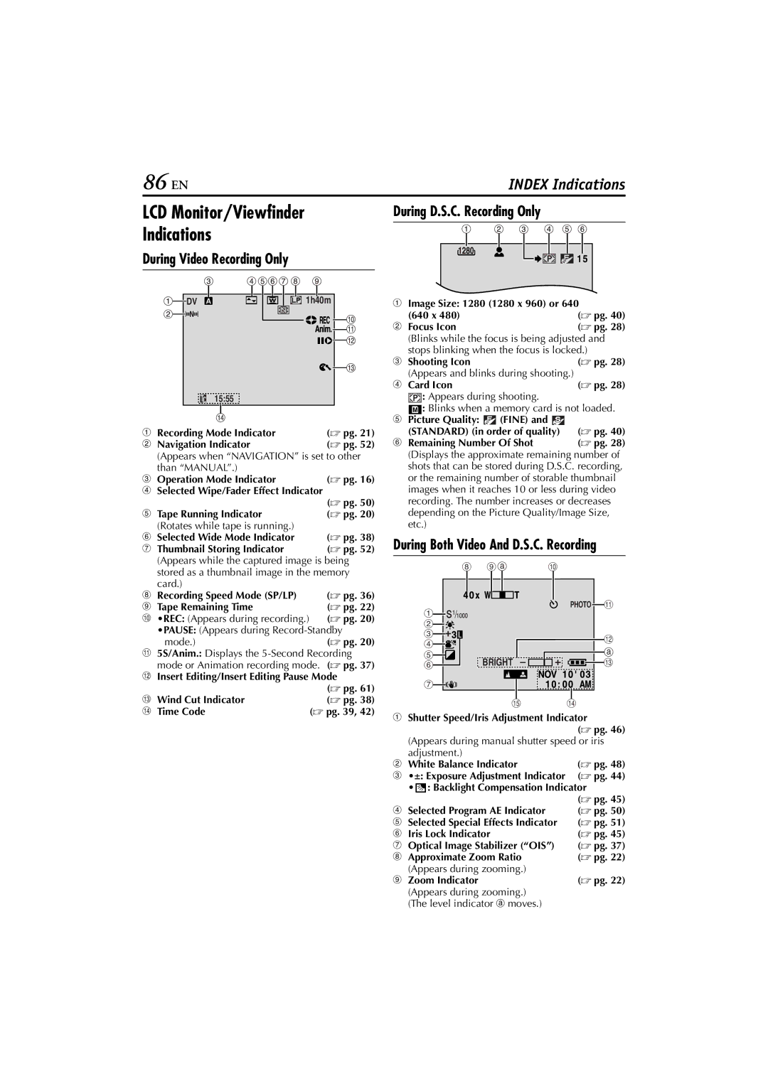 JVC 0503-FO-ID-VP 86 EN, LCD Monitor/Viewfinder Indications, During Video Recording Only, During D.S.C. Recording Only 