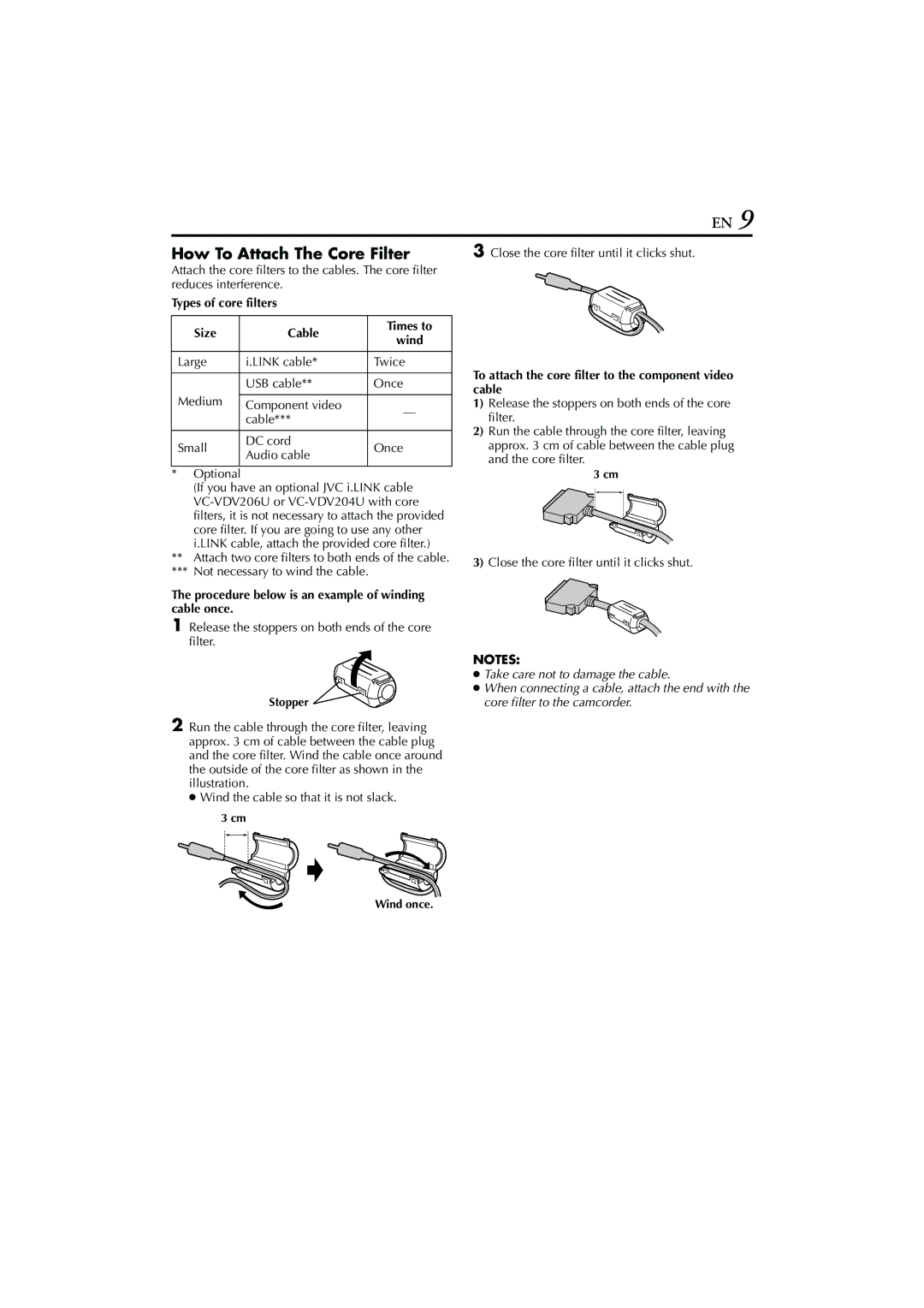 JVC GR-HD1, LYT1154-001C, 0503-FO-ID-VP manual How To Attach The Core Filter, Types of core filters Size Cable Times to 