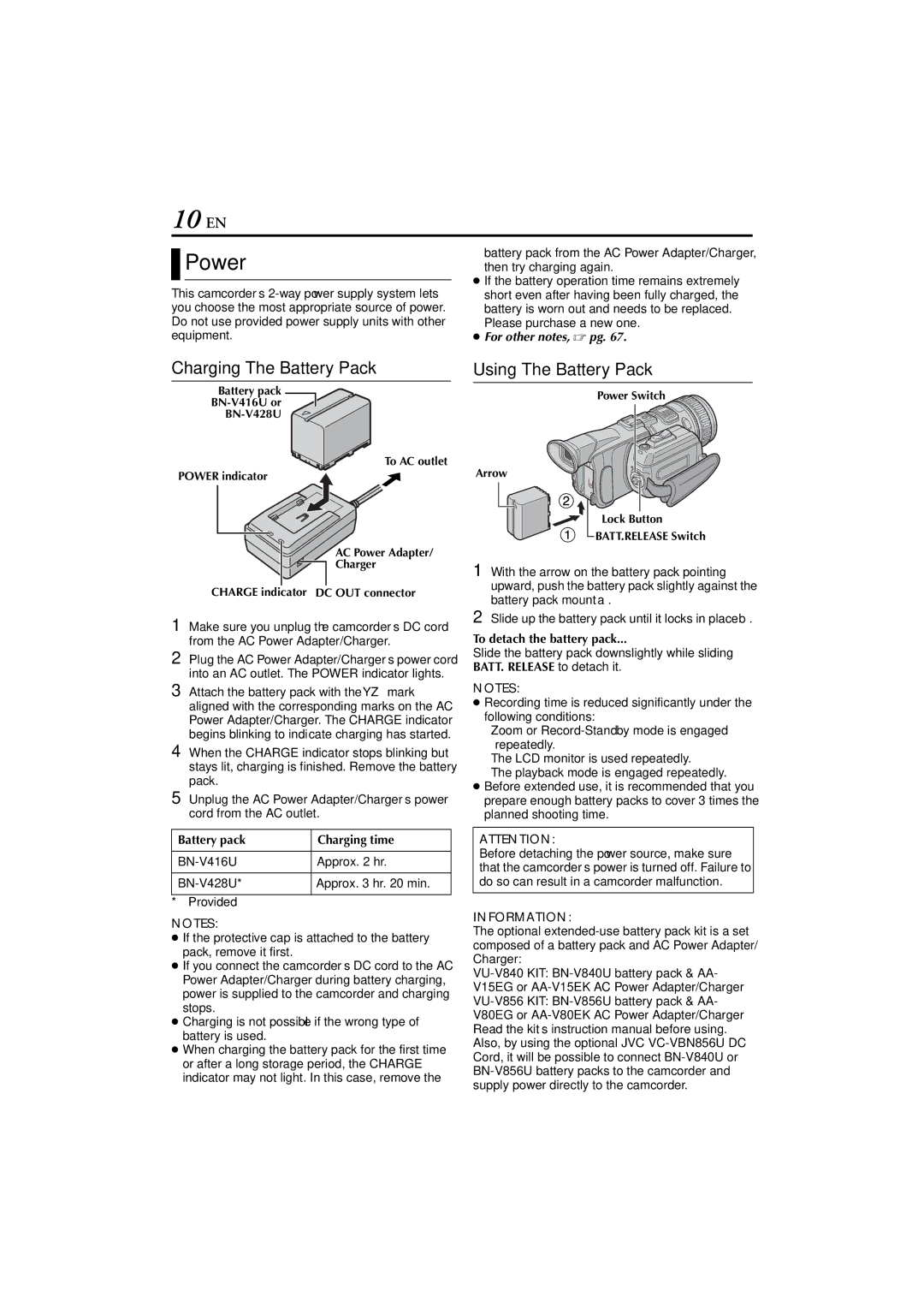 JVC GR-PD1, LYT1193-001A manual 10 EN, Power, Charging The Battery Pack, Using The Battery Pack, Information 