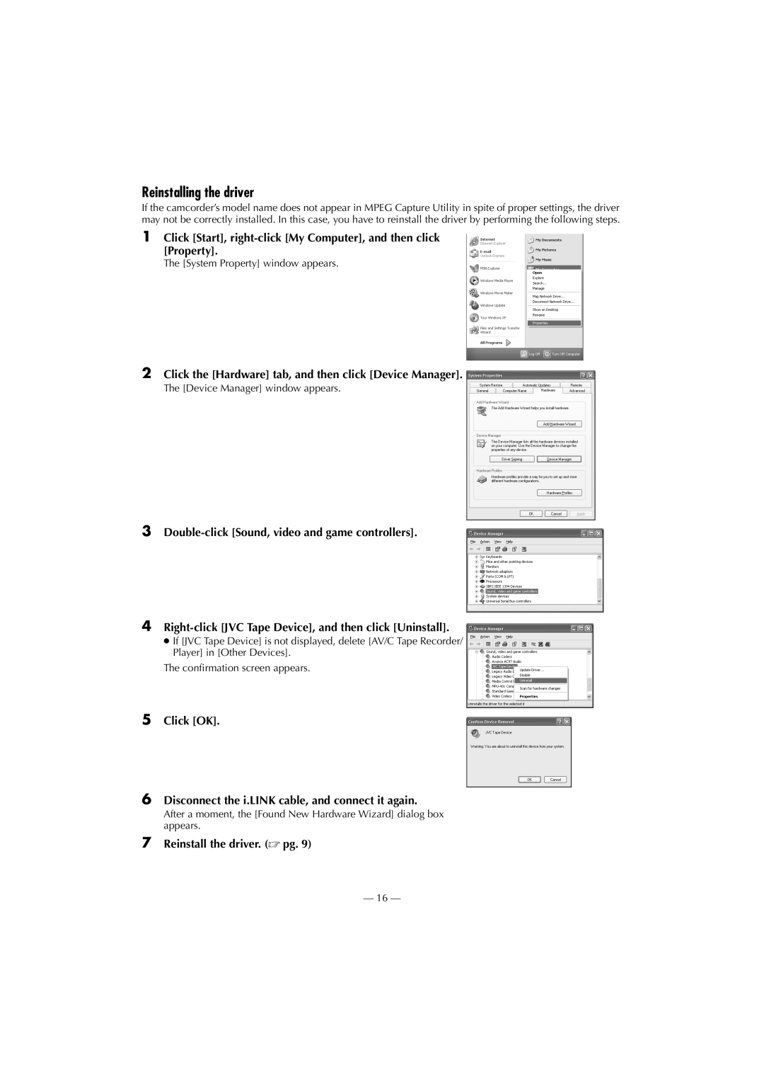 JVC GR-PD1 Reinstalling the driver, Click the Hardware tab, and then click Device Manager, Reinstall the driver.  pg 