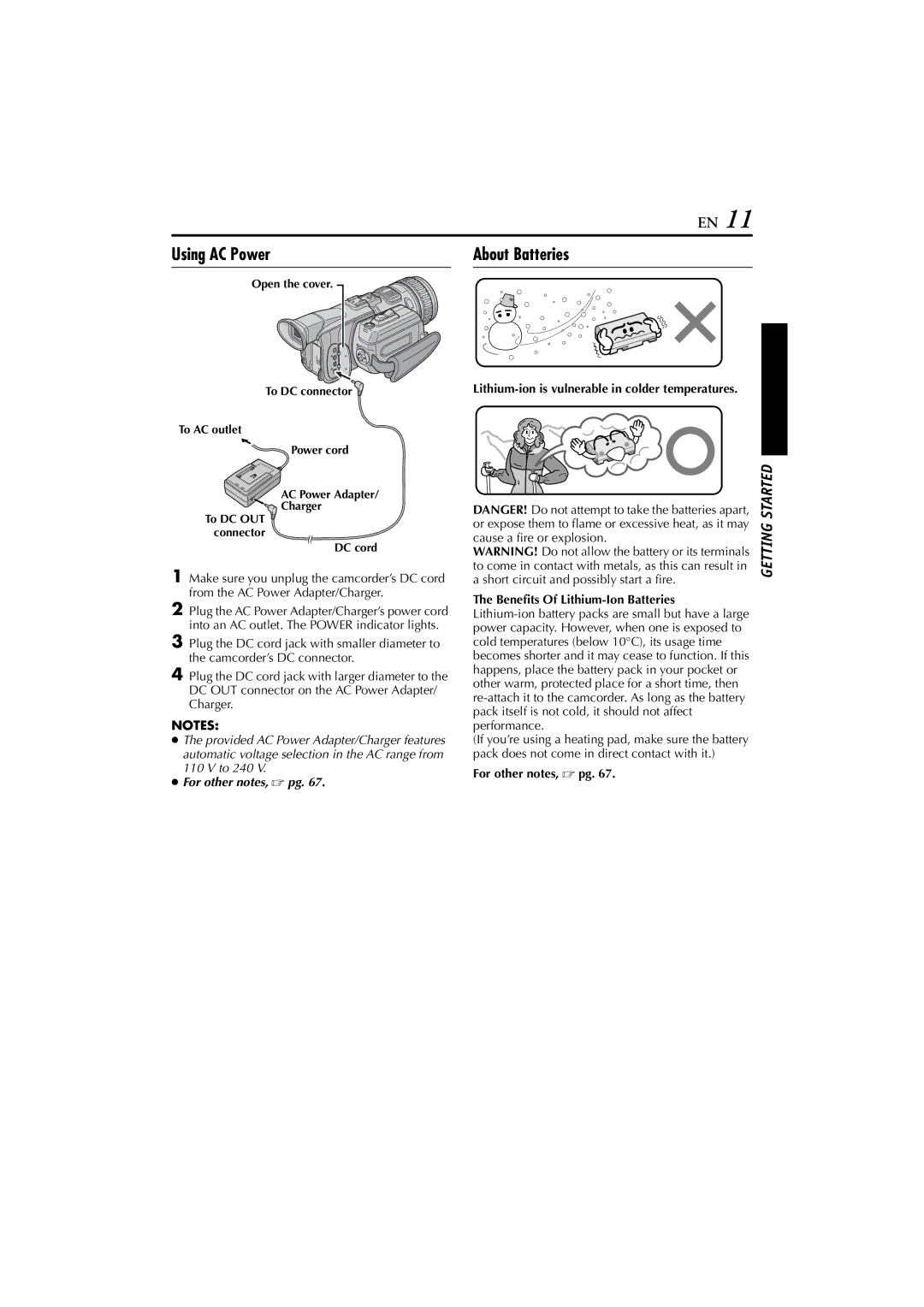 JVC LYT1193-001A, GR-PD1 manual Using AC Power, About Batteries, Cause a fire or explosion, For other notes,  pg 