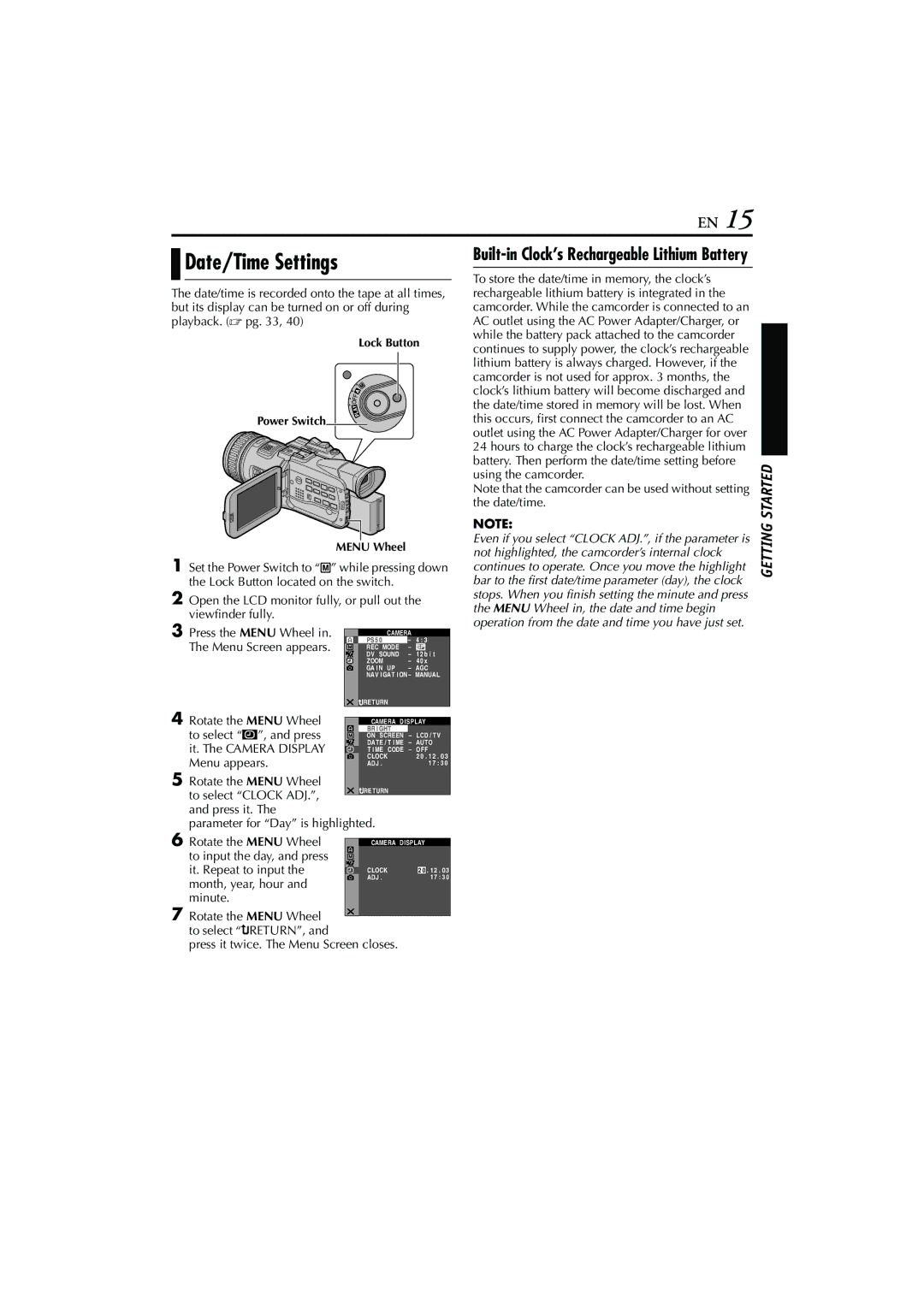 JVC LYT1193-001A, GR-PD1 manual Date/Time Settings, Built-in Clock’s Rechargeable Lithium Battery, Rotate the Menu Wheel 