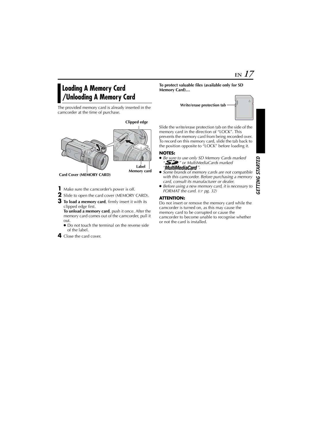 JVC LYT1193-001A, GR-PD1 manual Loading a Memory Card /Unloading a Memory Card 