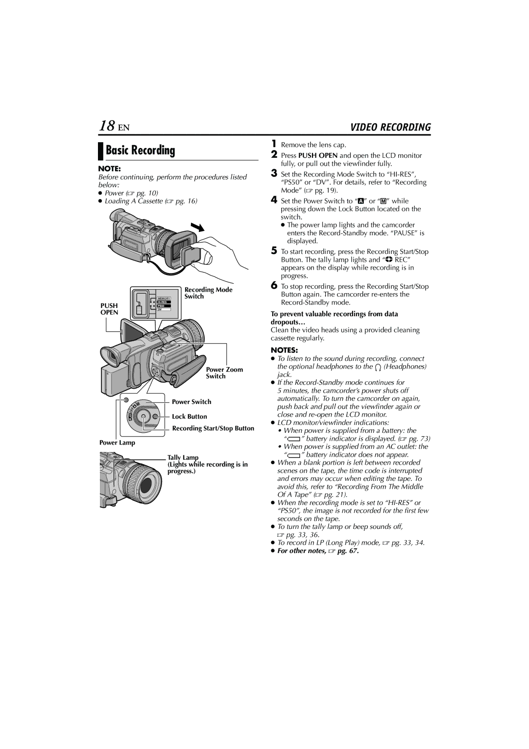 JVC GR-PD1, LYT1193-001A manual 18 EN, Basic Recording, To prevent valuable recordings from data dropouts… 