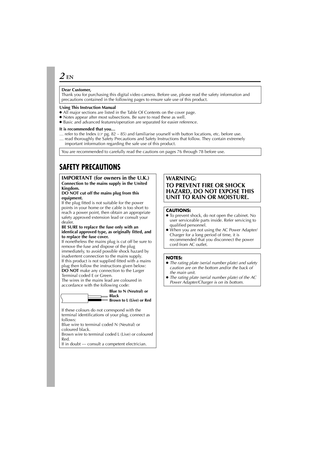 JVC GR-PD1, LYT1193-001A manual Important for owners in the U.K, Dear Customer, It is recommended that you… 