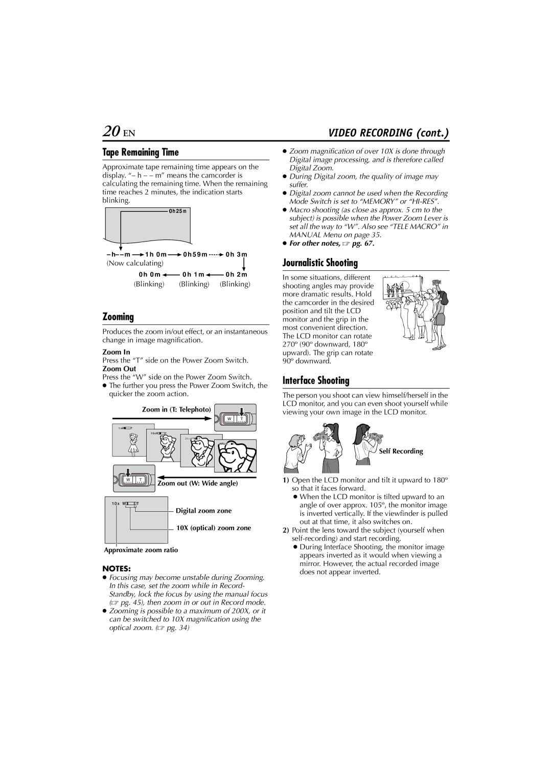 JVC GR-PD1, LYT1193-001A manual 20 EN, Tape Remaining Time, Zooming, Journalistic Shooting, Interface Shooting 