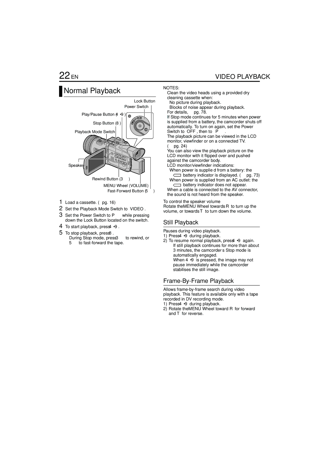 JVC GR-PD1, LYT1193-001A 22 EN, Normal Playback, Still Playback, Frame-By-Frame Playback, To control the speaker volume… 