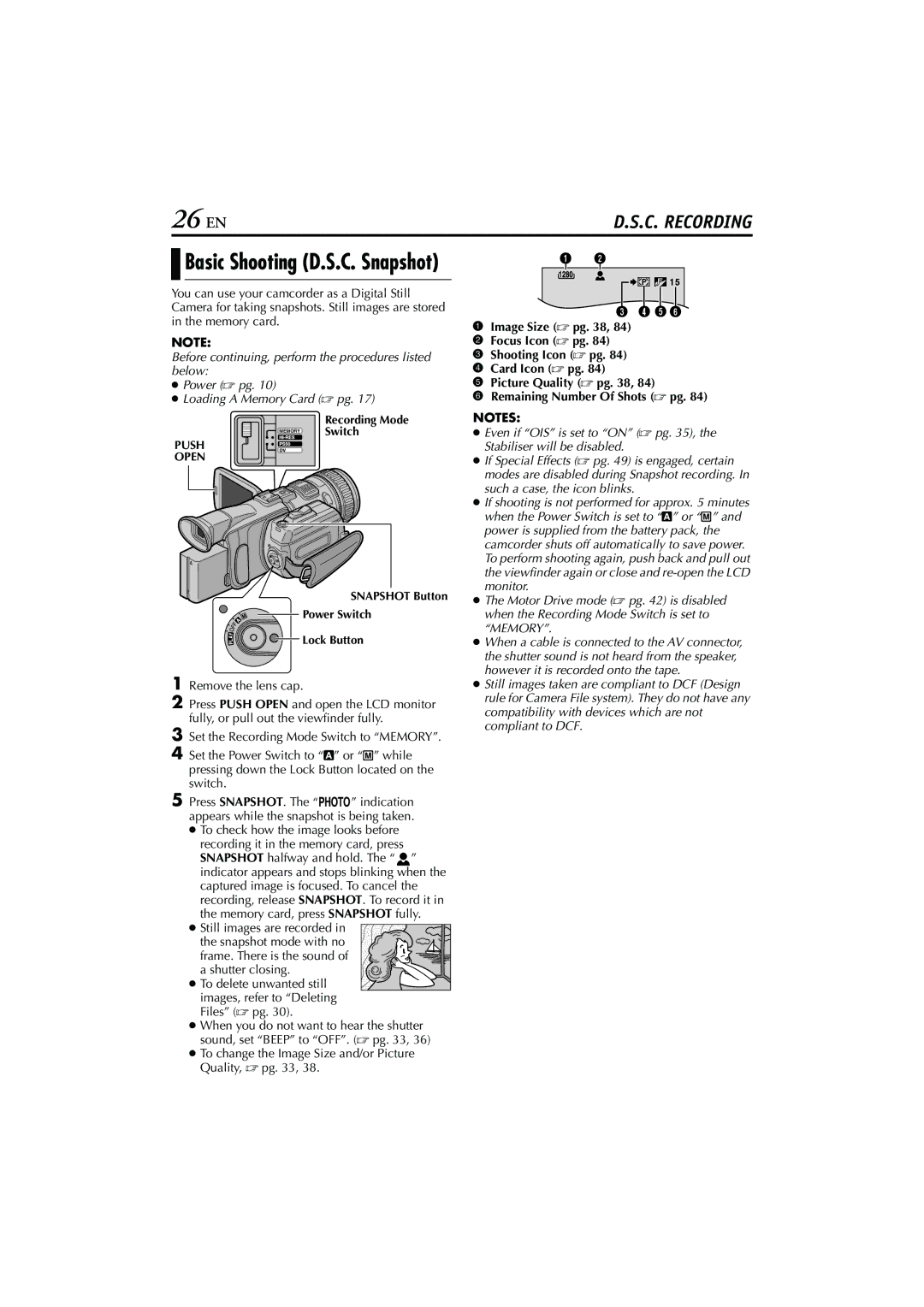 JVC GR-PD1, LYT1193-001A manual 26 EN, Basic Shooting D.S.C. Snapshot, To change the Image Size and/or Picture Quality,  pg 