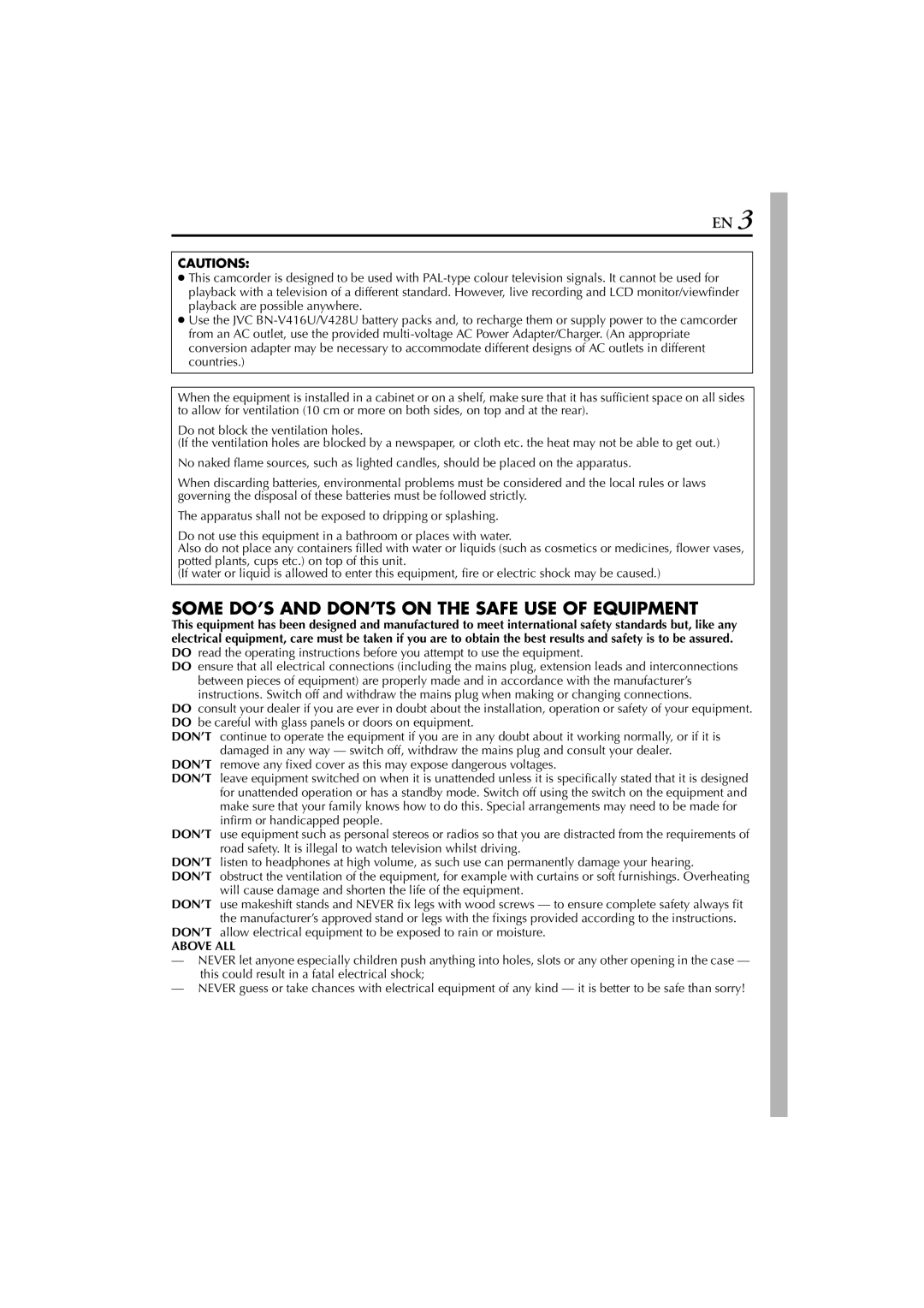 JVC LYT1193-001A, GR-PD1 manual Some DO’S and DON’TS on the Safe USE of Equipment, Above ALL 