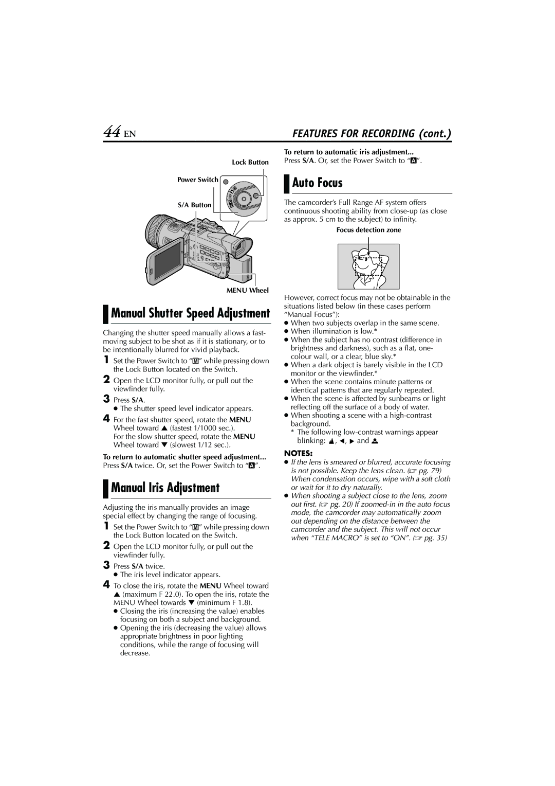 JVC GR-PD1, LYT1193-001A manual 44 EN, Manual Iris Adjustment, Auto Focus, Manual Shutter Speed Adjustment 