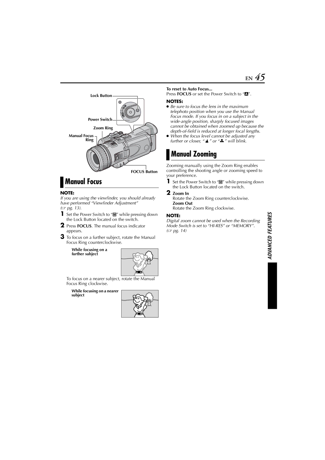 JVC LYT1193-001A, GR-PD1 manual Manual Focus, Manual Zooming, To reset to Auto Focus 