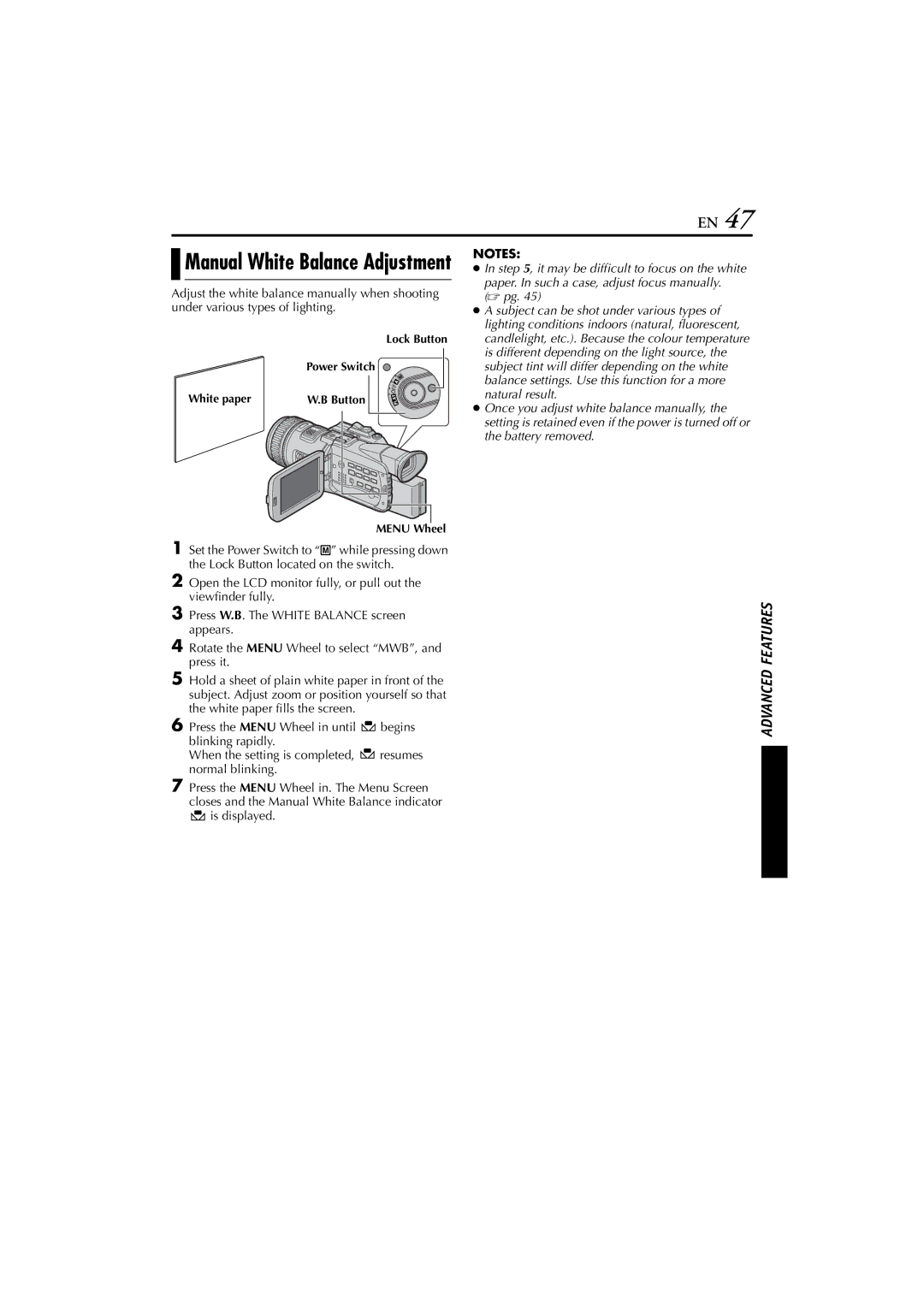 JVC LYT1193-001A, GR-PD1 manual Manual White Balance Adjustment 