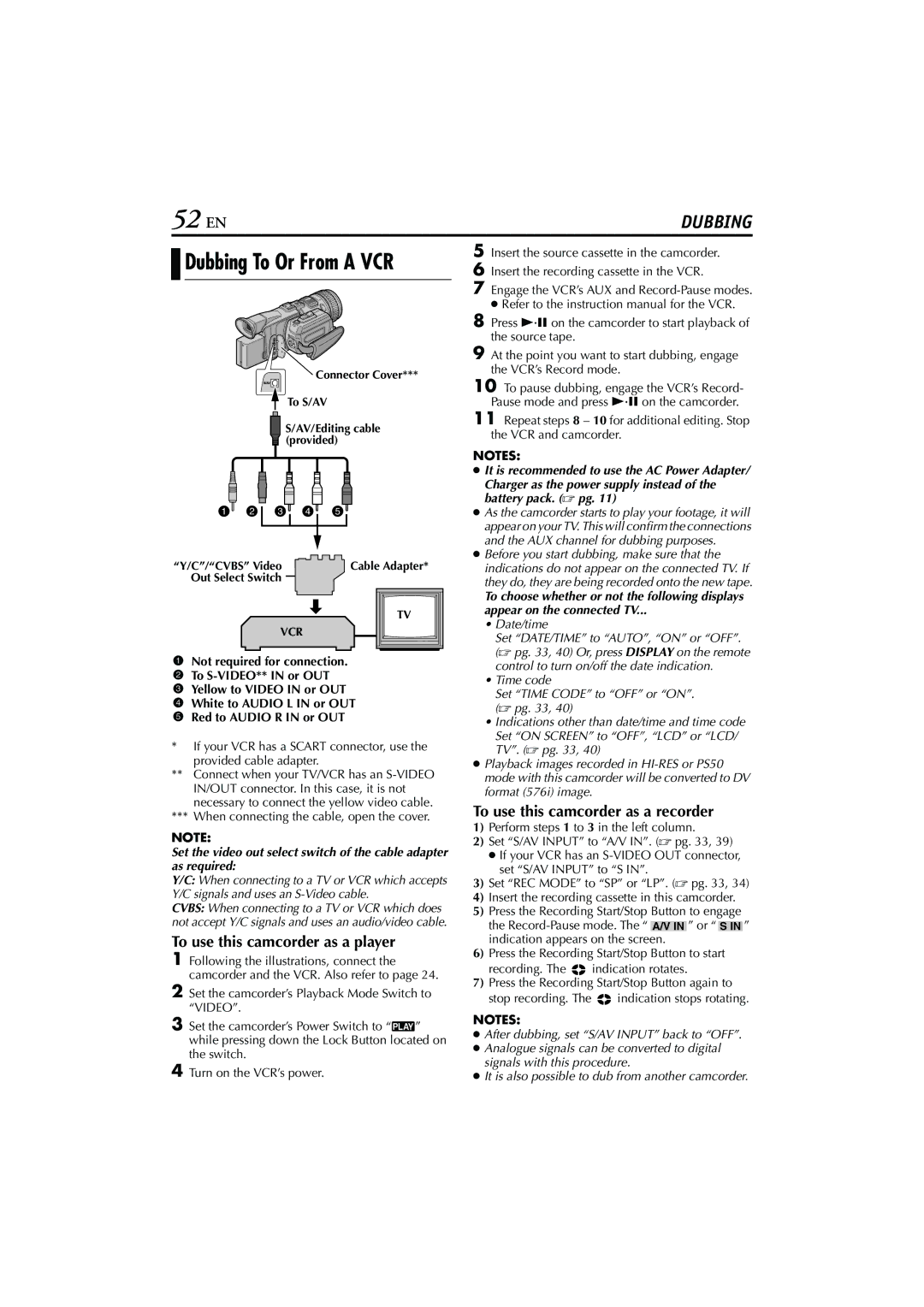 JVC GR-PD1, LYT1193-001A manual 52 EN, To use this camcorder as a player, To use this camcorder as a recorder, Date/time 