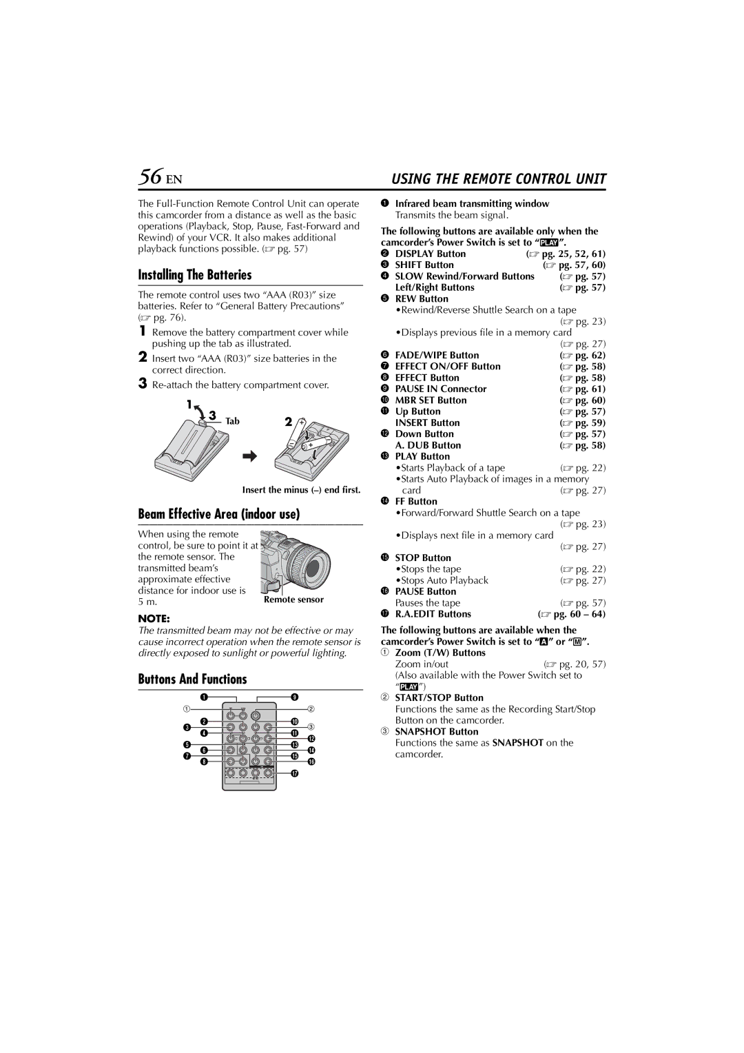 JVC GR-PD1, LYT1193-001A manual 56 EN, Installing The Batteries, Beam Effective Area indoor use, Buttons And Functions 