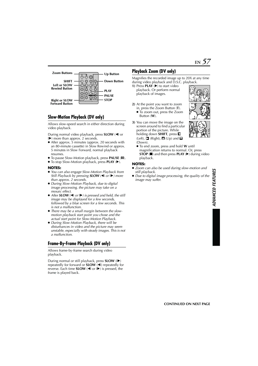 JVC LYT1193-001A, GR-PD1 manual Slow-Motion Playback DV only, Frame-By-Frame Playback DV only, Playback Zoom DV only 