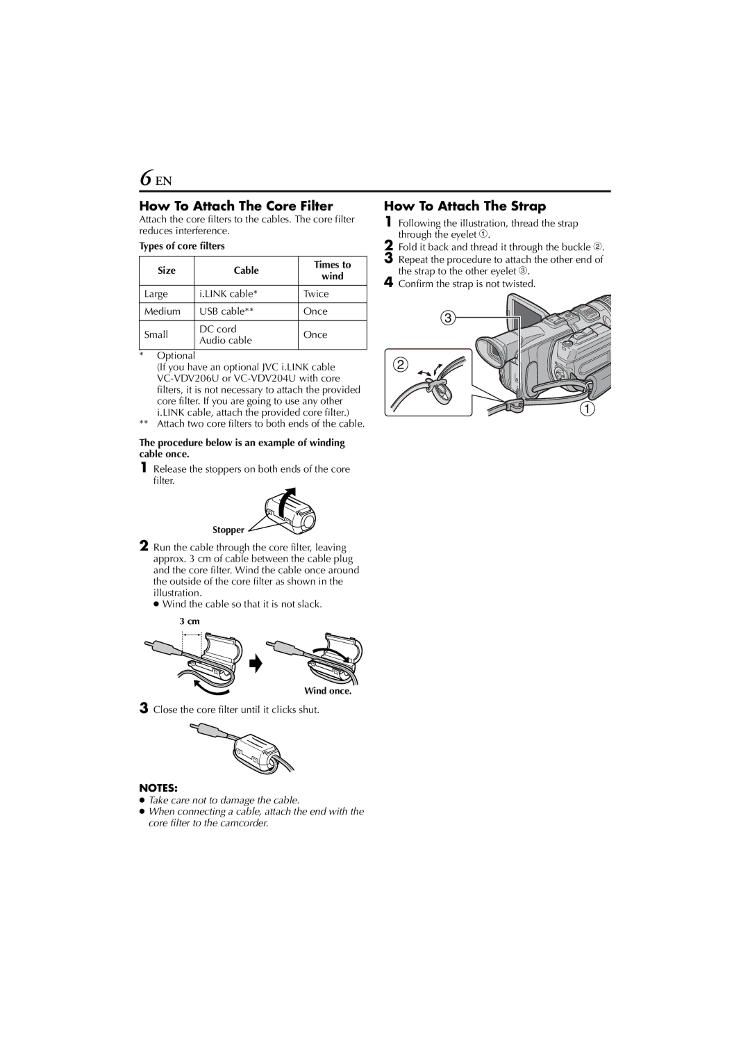 JVC GR-PD1, LYT1193-001A How To Attach The Core Filter, How To Attach The Strap, Types of core filters Size Cable Times to 