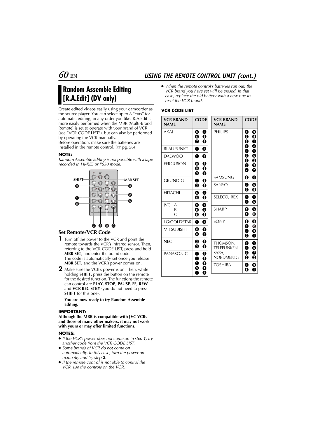 JVC GR-PD1 manual 60 EN, Random Assemble Editing R.A.Edit DV only, Set Remote/VCR Code, VCR Code List VCR Brand Name 