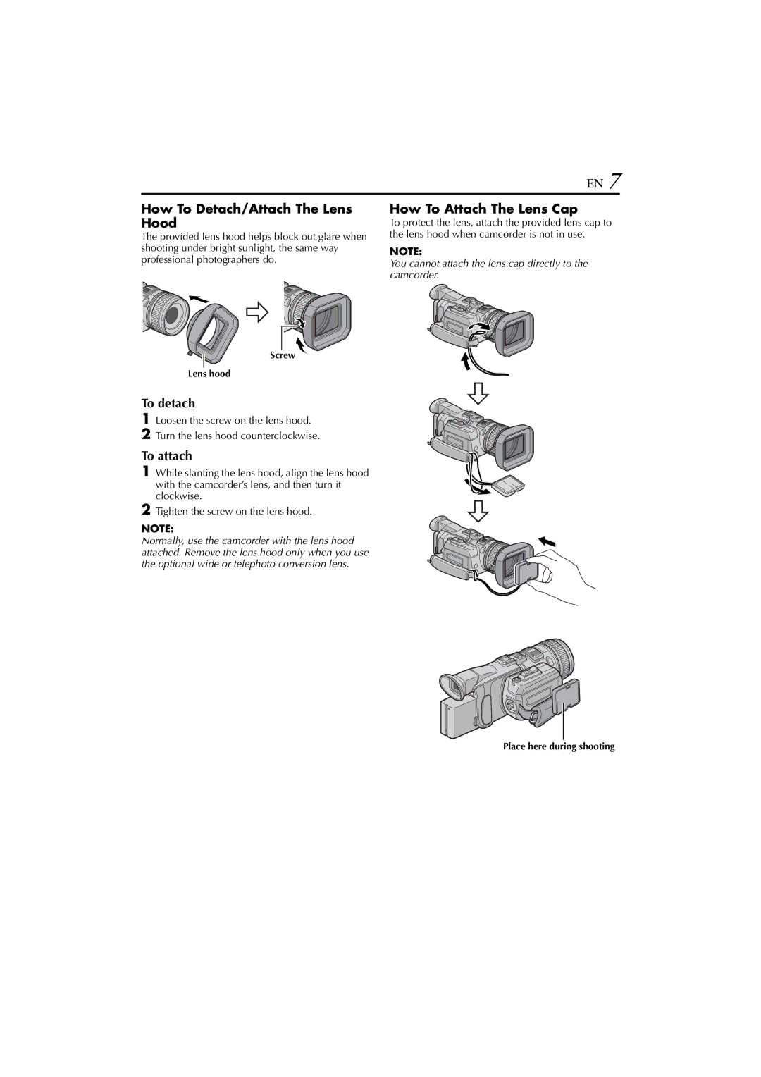 JVC LYT1193-001A, GR-PD1 manual How To Detach/Attach The Lens Hood, How To Attach The Lens Cap, To detach, To attach 