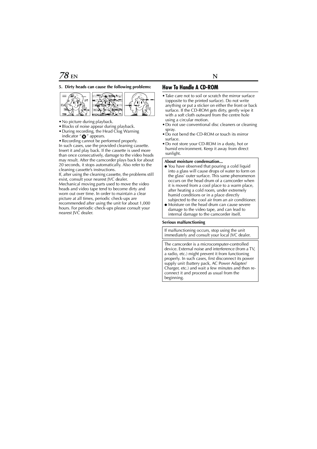 JVC GR-PD1, LYT1193-001A manual 78 EN, How To Handle a CD-ROM, About moisture condensation, Serious malfunctioning 