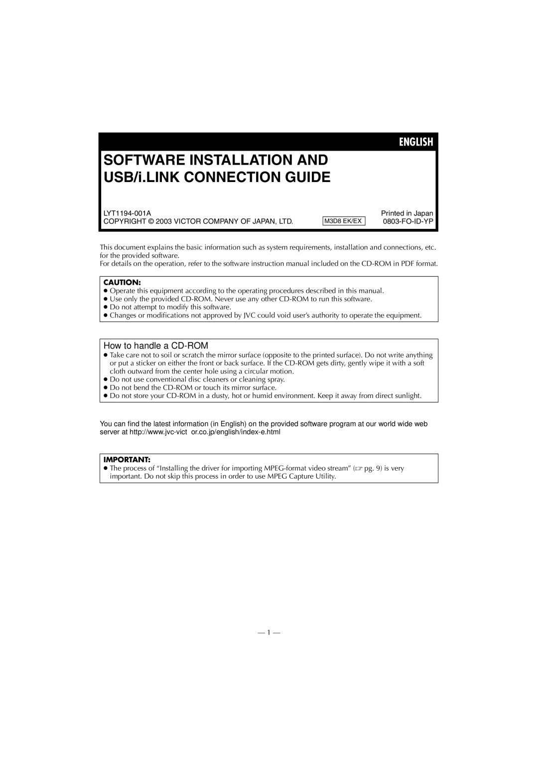 JVC LYT1193-001A, GR-PD1 manual Software Installation, How to handle a CD-ROM 