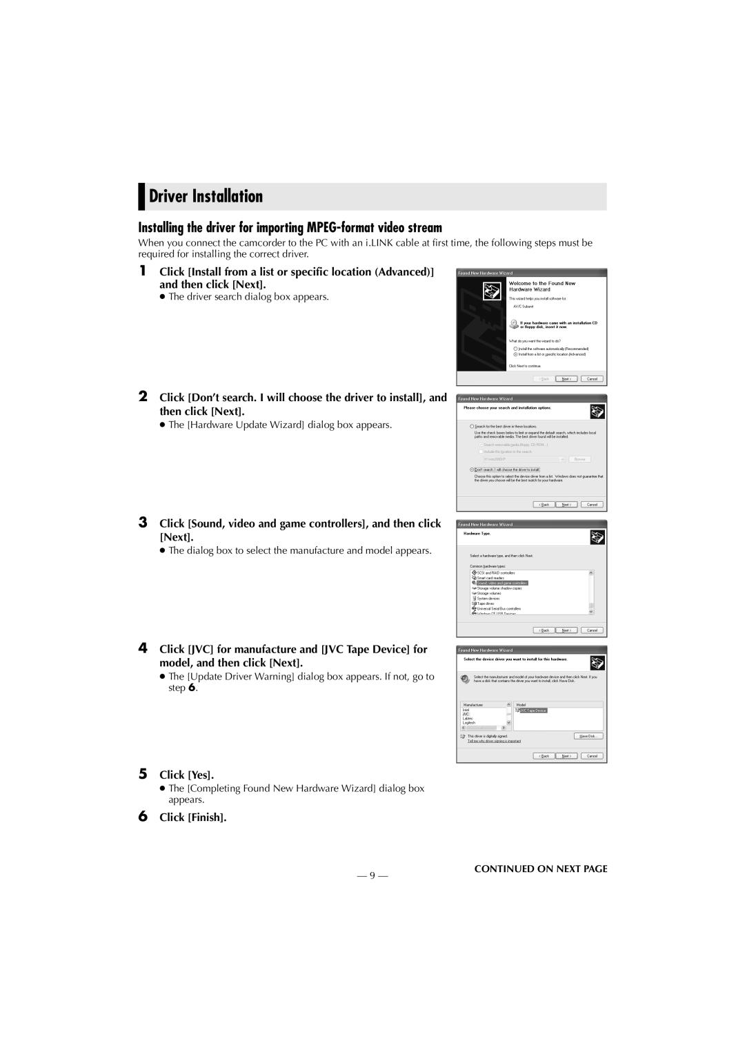 JVC LYT1193-001A, GR-PD1 Driver Installation, Driver search dialog box appears, Hardware Update Wizard dialog box appears 