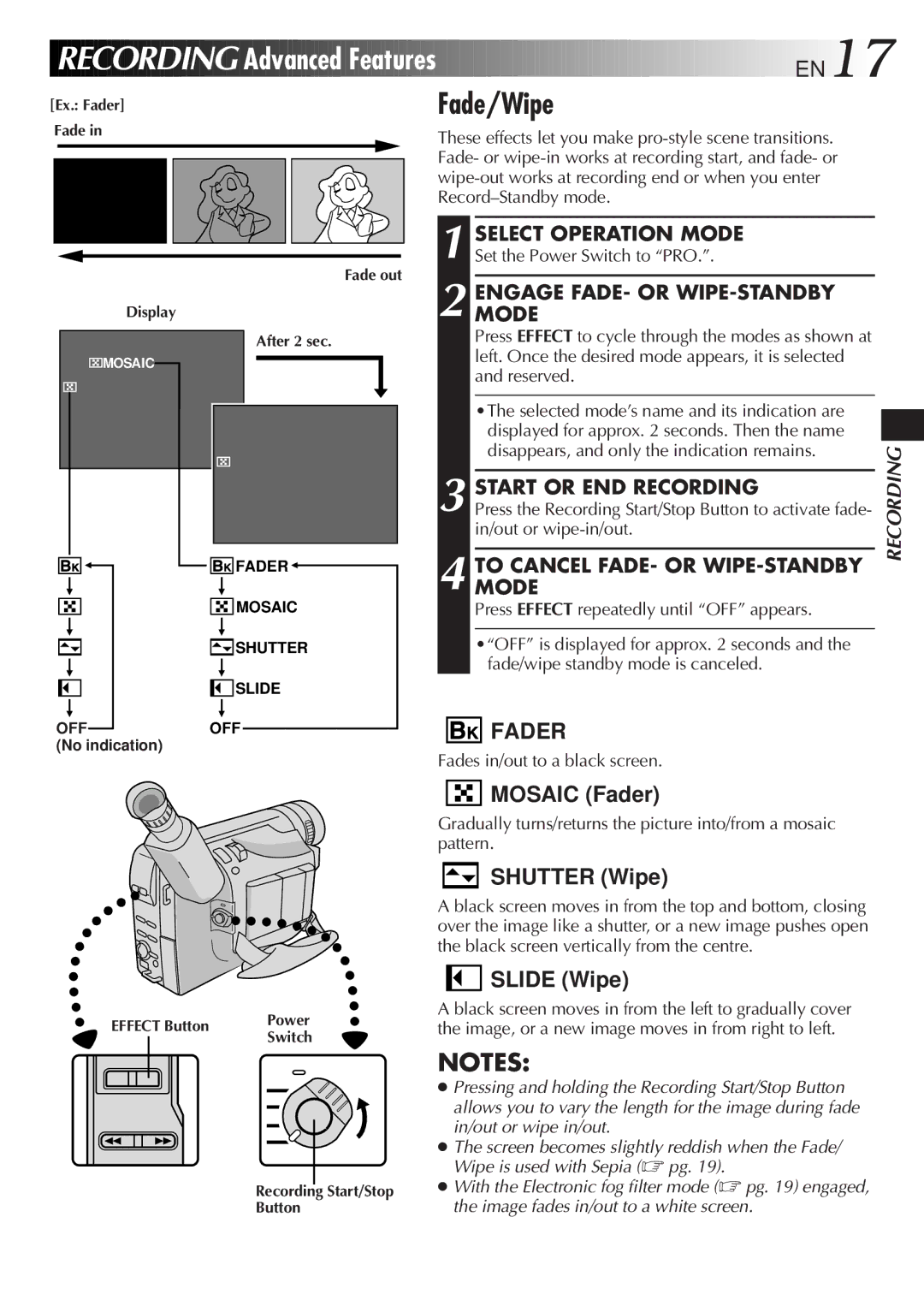 JVC GR-SX20 manual Recording Advanced Features EN17, Fade/Wipe, Modeengage FADE- or WIPE-STANDBY, Start or END Recording 